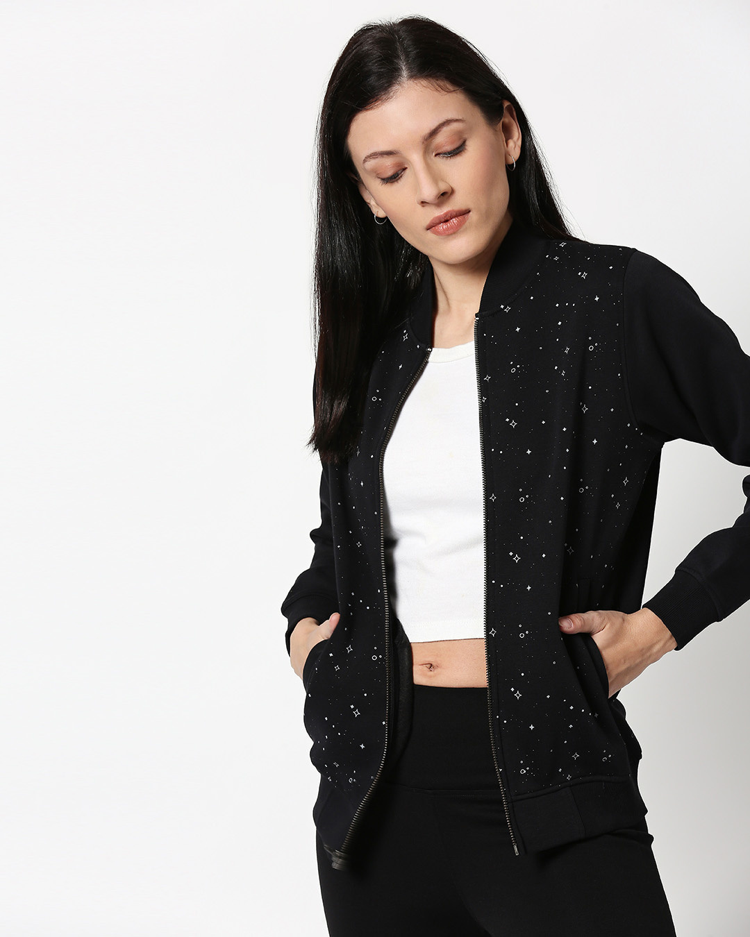 

Black AOP Zipper Bomber Jacket Women' AOP Bomber Jacket Bewakoof.com, Aop-black