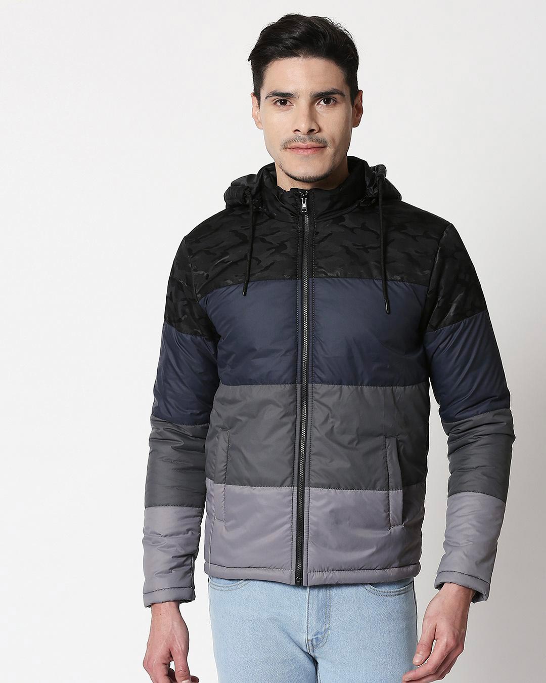 Shop Men's Multicolor Color Block Puffer Jacket With Detachable Hood-Back