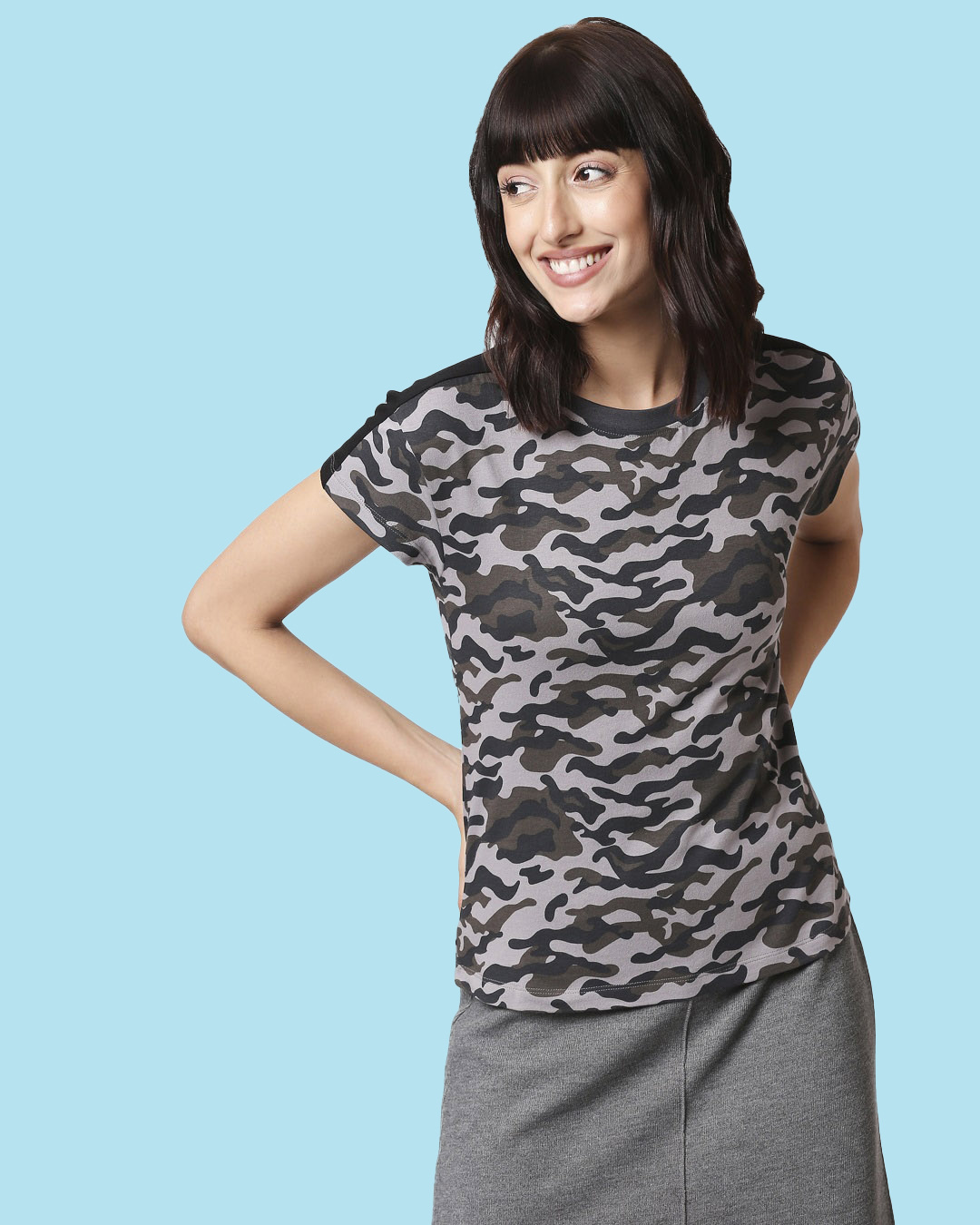 Shop Black Camo Plain Shoulder Sleeves Panel Half Sleeves Camo T-Shirt-Front