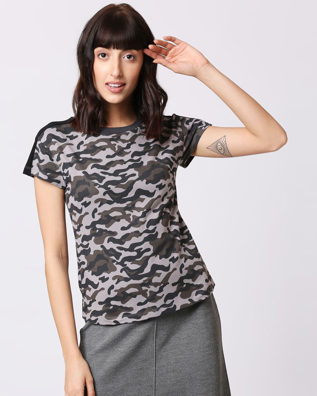 Shop Black Camo Plain Shoulder Sleeves Panel Half Sleeves Camo T-Shirt-Back