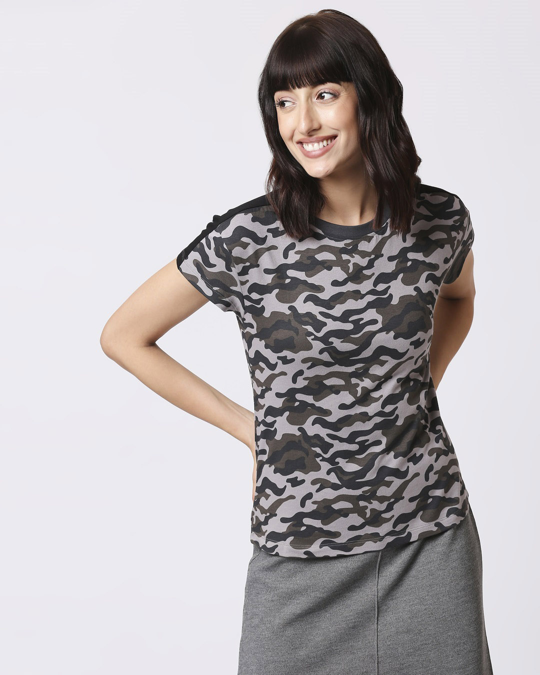 

Black Camo Plain Shoulder Sleeves Panel Half Sleeves Camo T-Shirt Women' Plain Shoulder Sleeves Panel Half Sleeves Camo T-Shirt Bewakoof.com