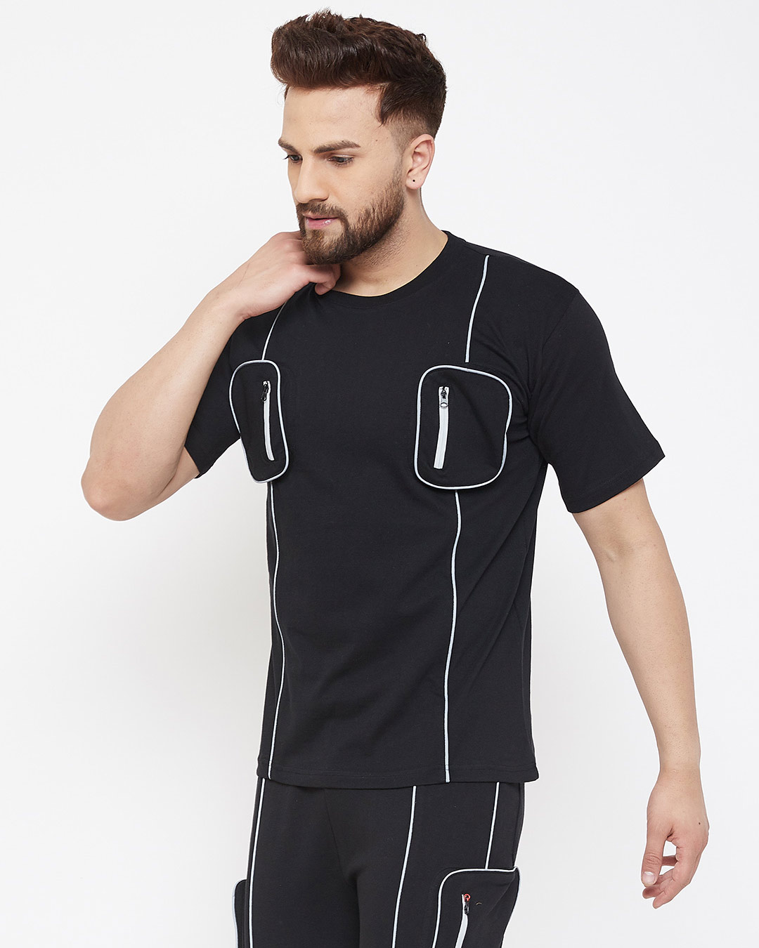 Shop Black Chest Pocket Reflective Piping T-Shirt-Back