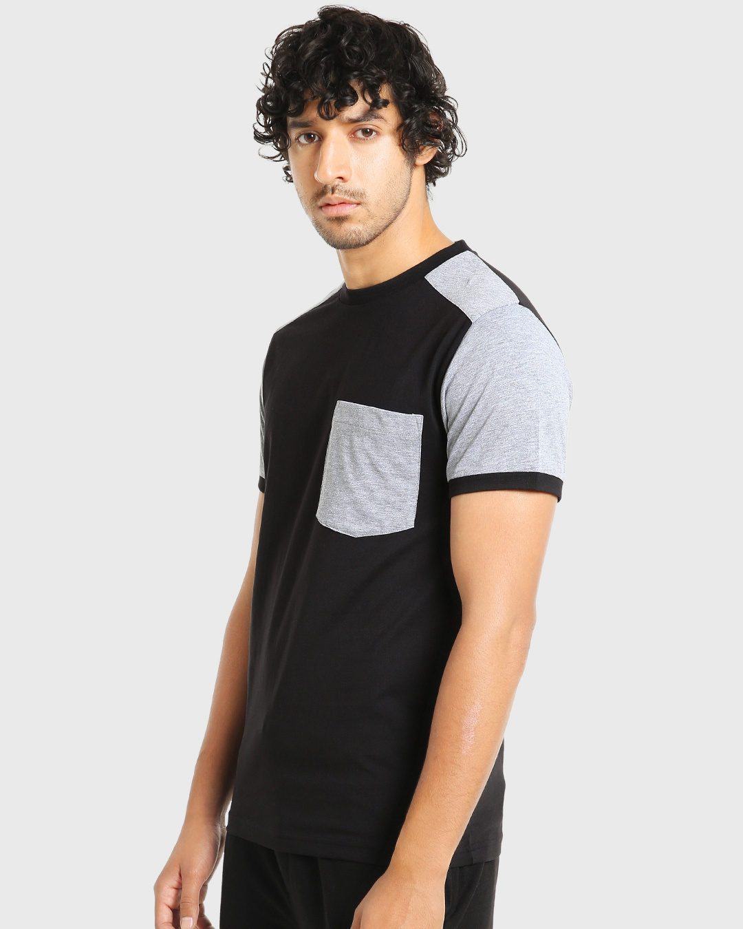 Shop Black Color Block Pocket T-Shirt-Back