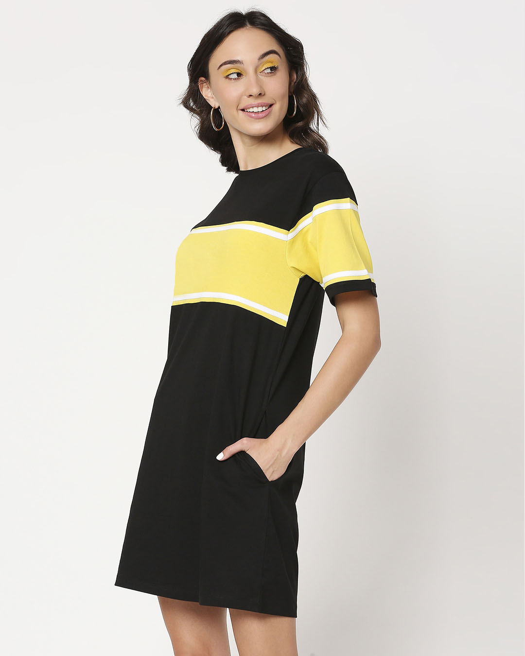 Shop Black Color Block T-Shirt Dress-Back