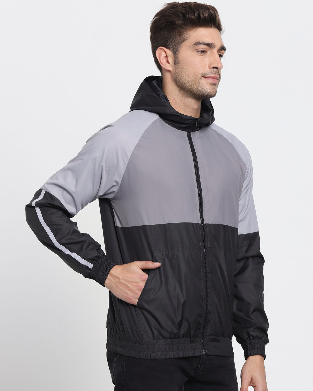 Shop Men's Grey & Black Colorblock Windcheater Jacket-Back
