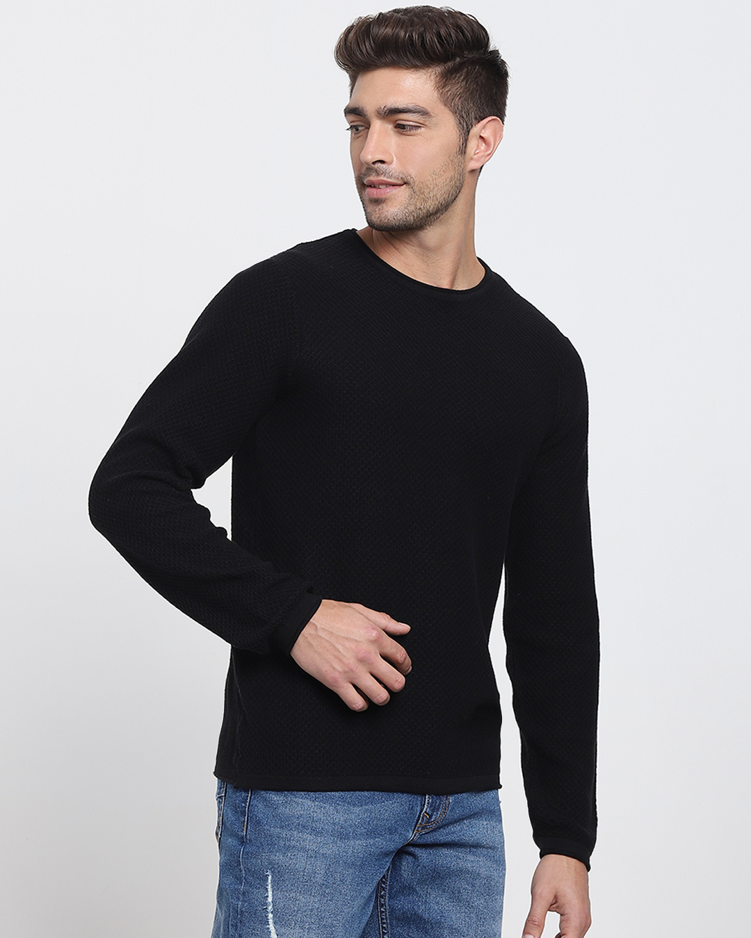 Shop Black Full Sleeve Flat Knit Sweater-Back