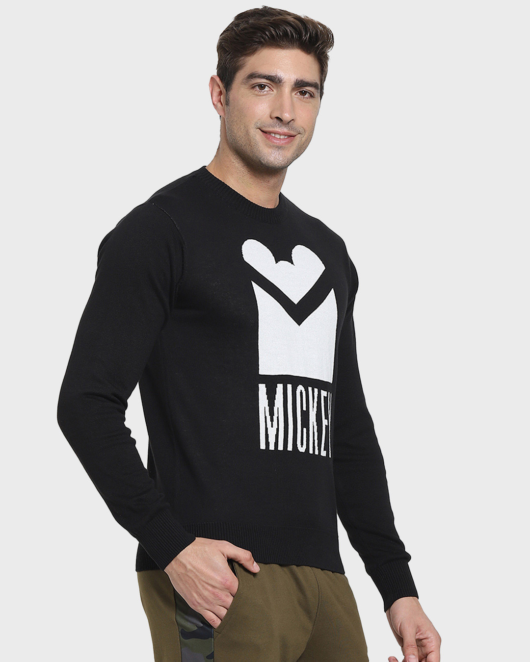 Shop Men's Black Mickey Typography Flat Knit Sweater-Back