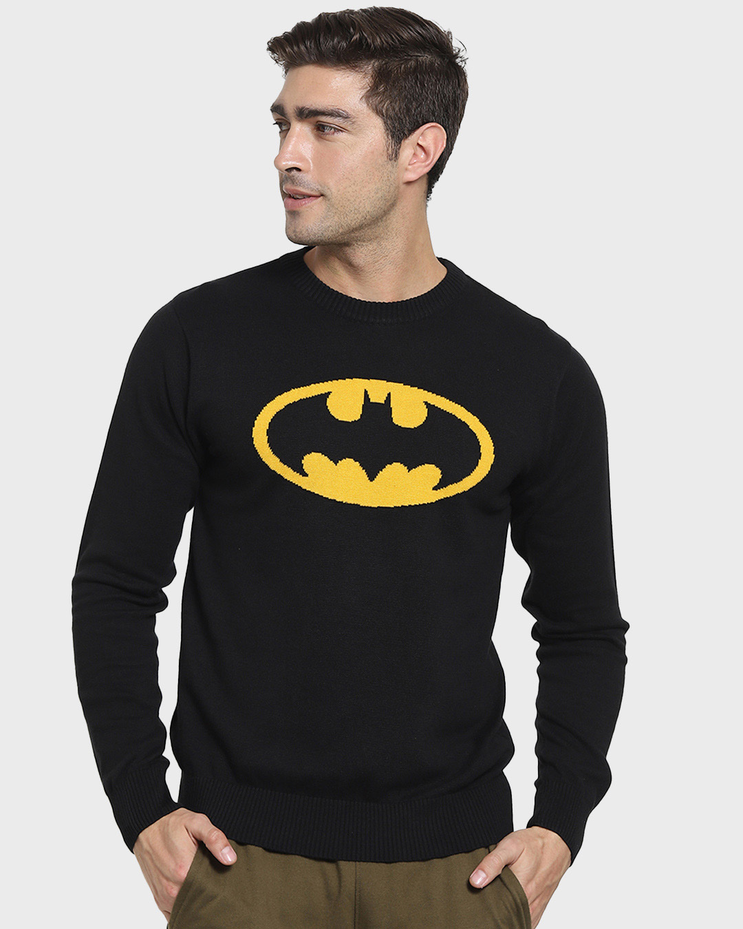 Shop Men's Black  Batman Graphic Printed Flat Knit Sweater-Back