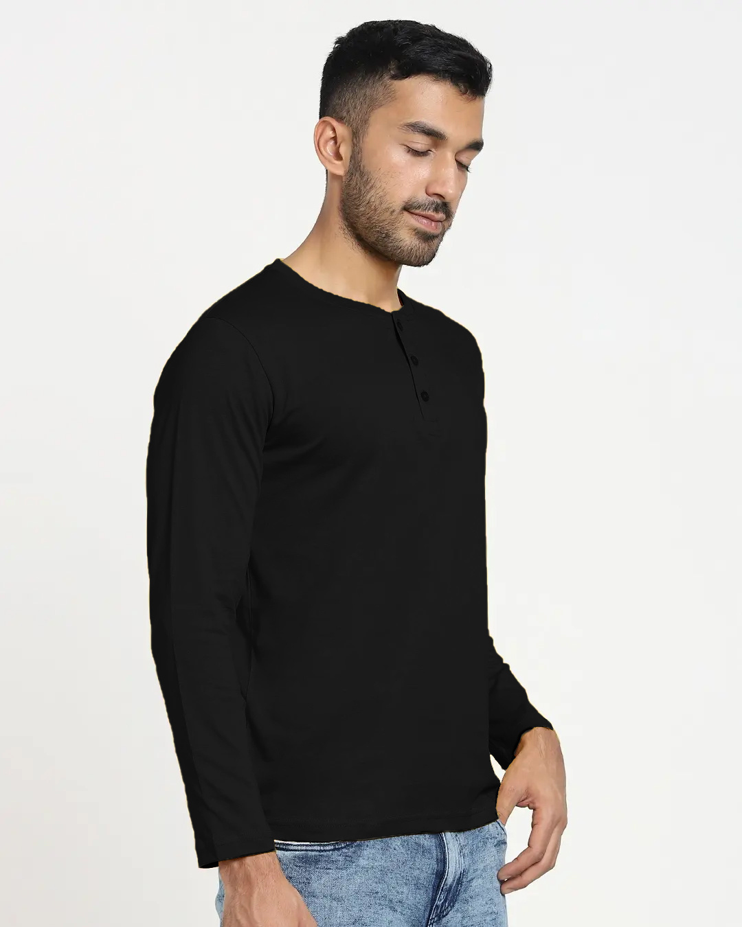 Shop Black Full Sleeve Henley T-shirt-Back