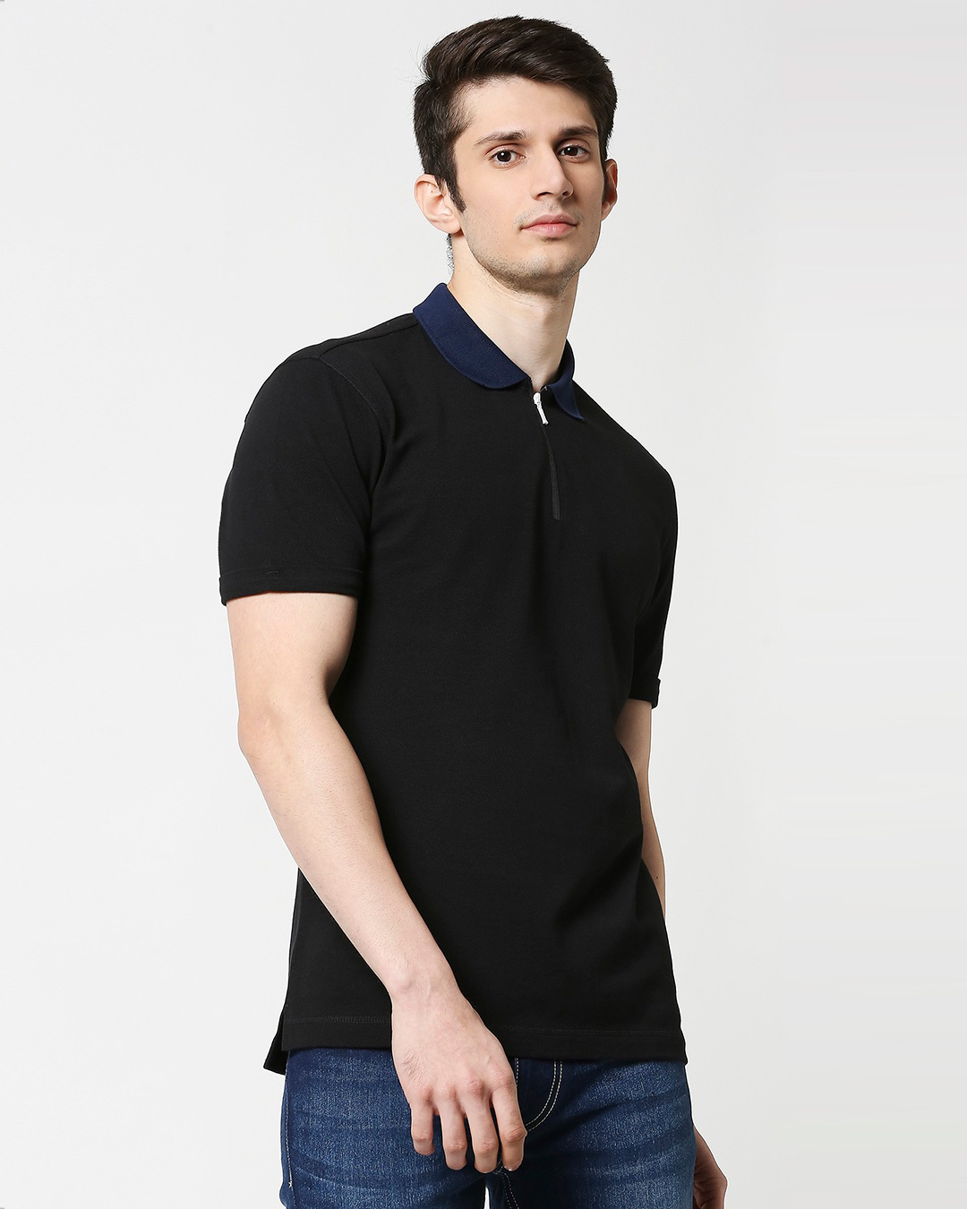 Buy Black Half Sleeve Contrast Zipper Polo Online at Bewakoof