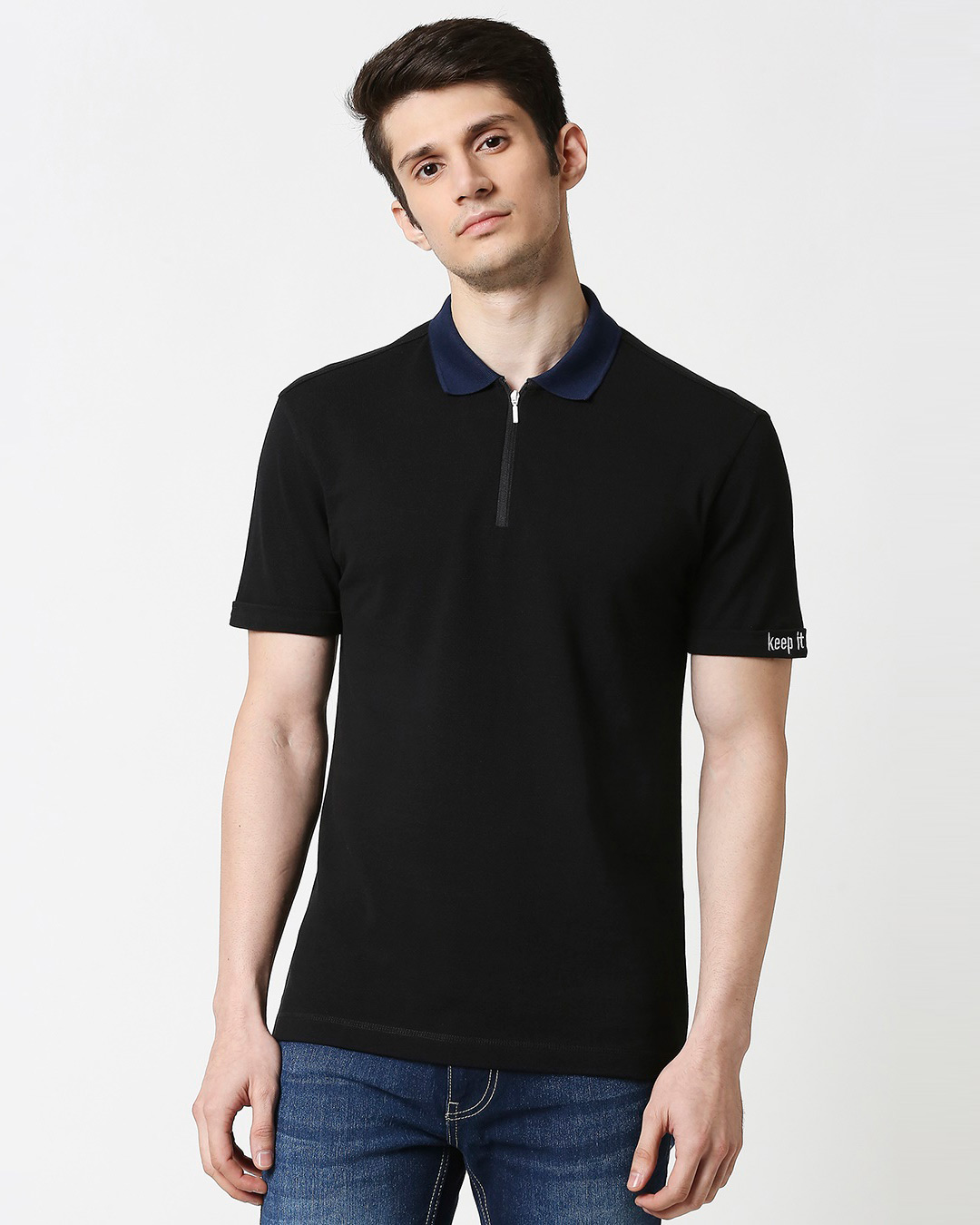 Shop Black Half Sleeve Contrast Zipper Polo-Back
