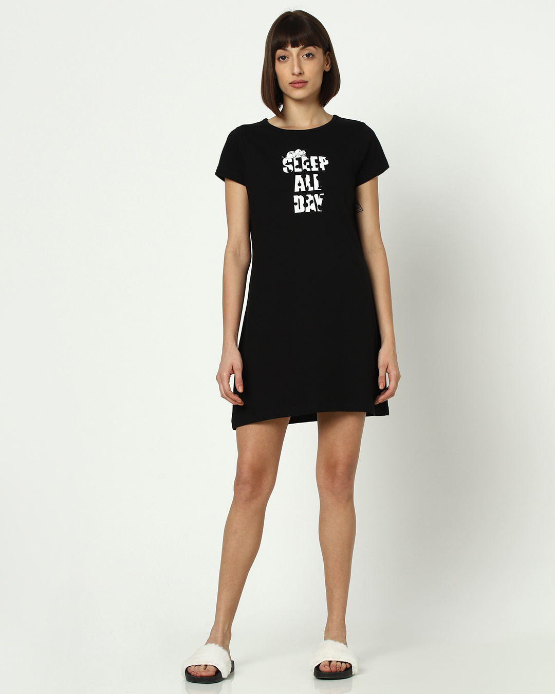 Shop Black Half Sleeve Round Neck Loungewear T-shirt Dress-Back