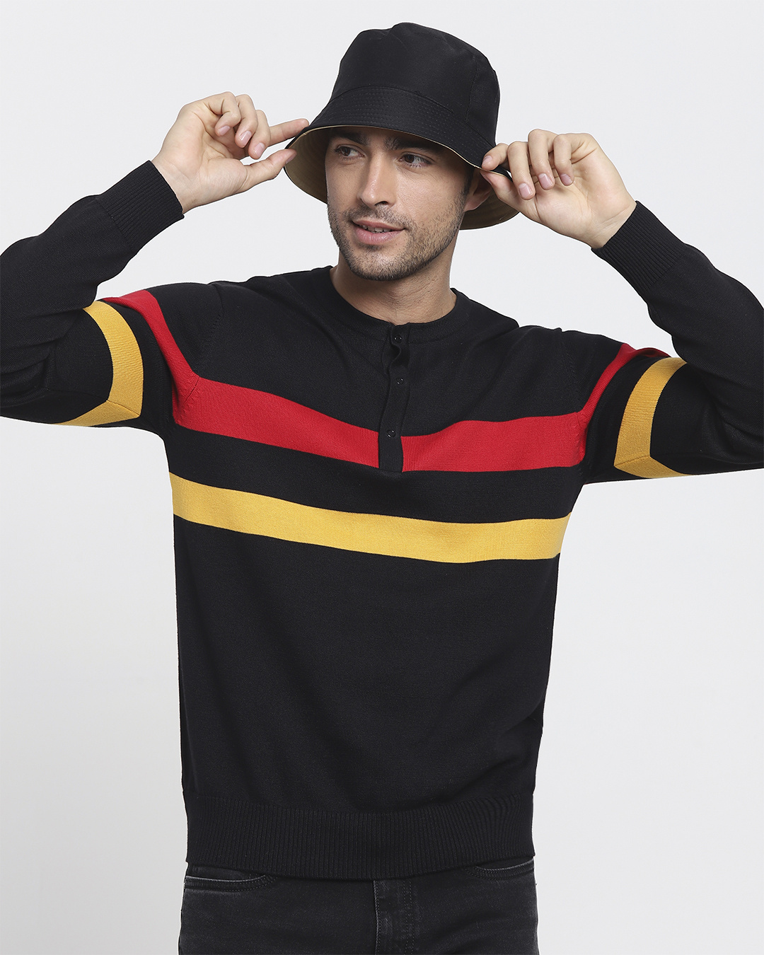 Buy Men's Black Striped Henley Flat Knit Sweater Online at Bewakoof