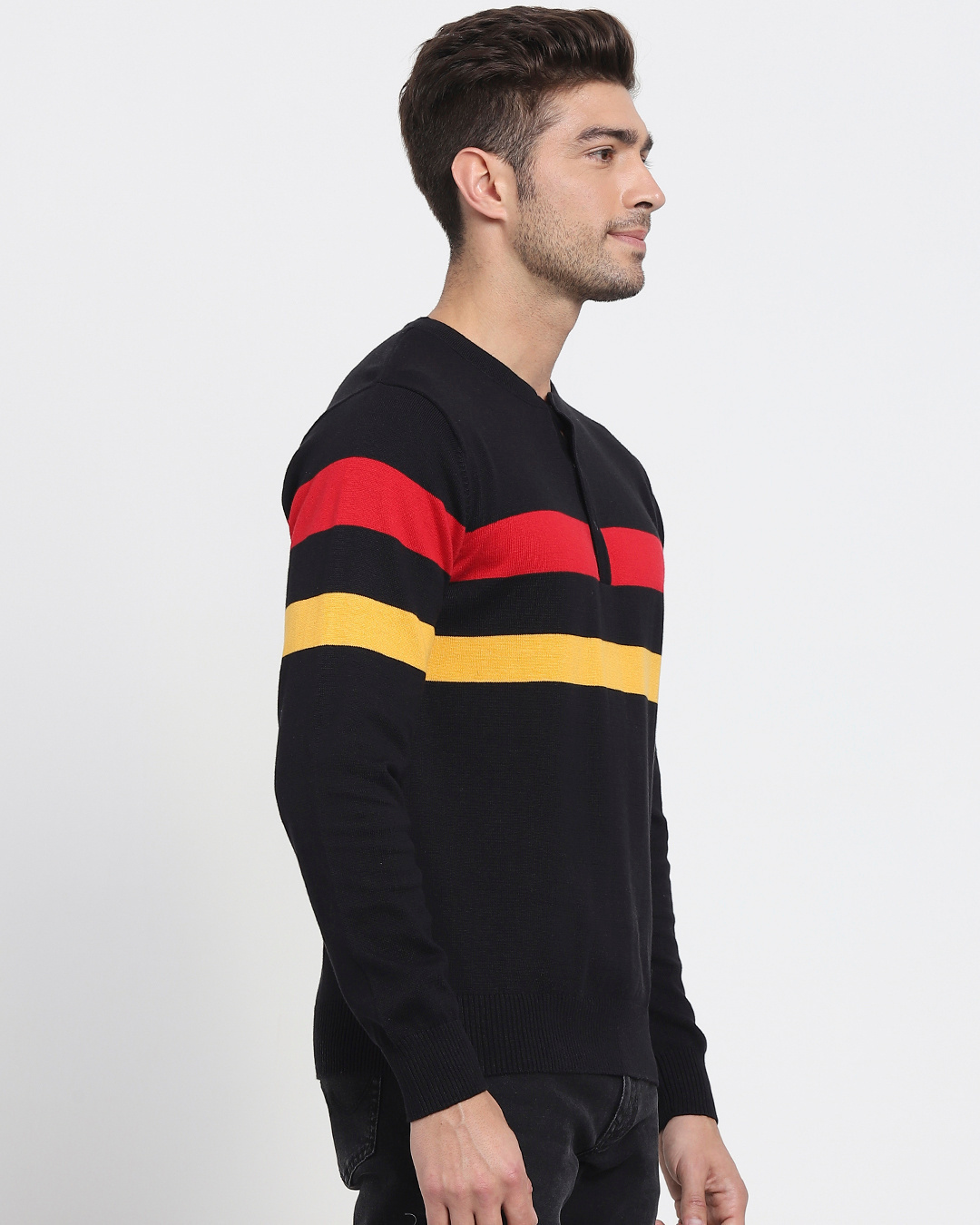 Shop Men's Black Striped Henley Flat Knit Sweater-Back