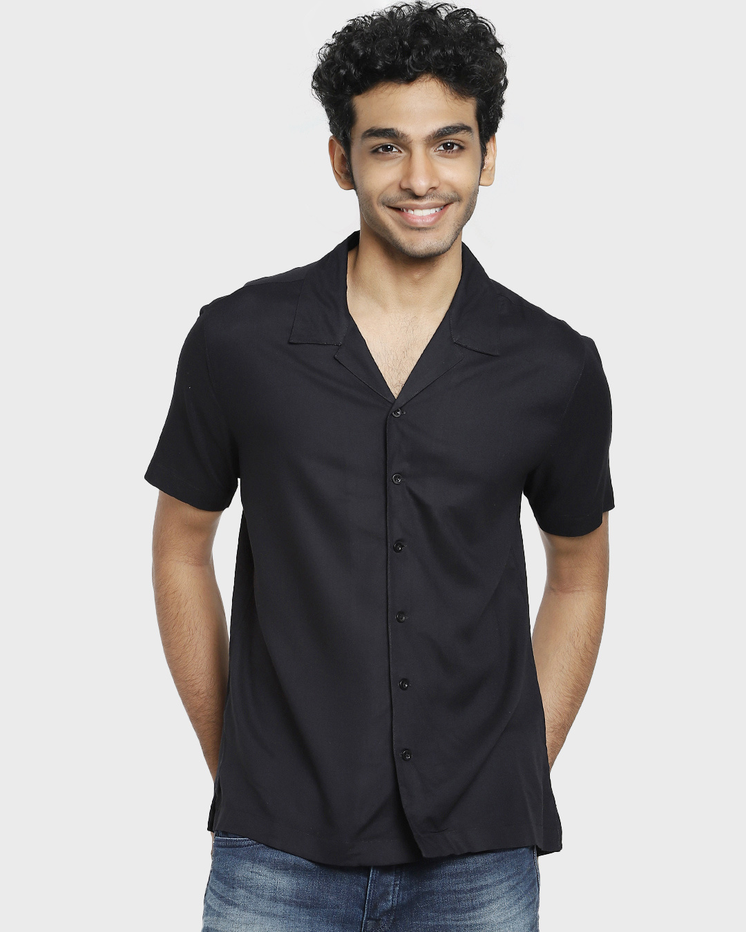 Shop Black Lapel Half Sleeve Shirt-Back