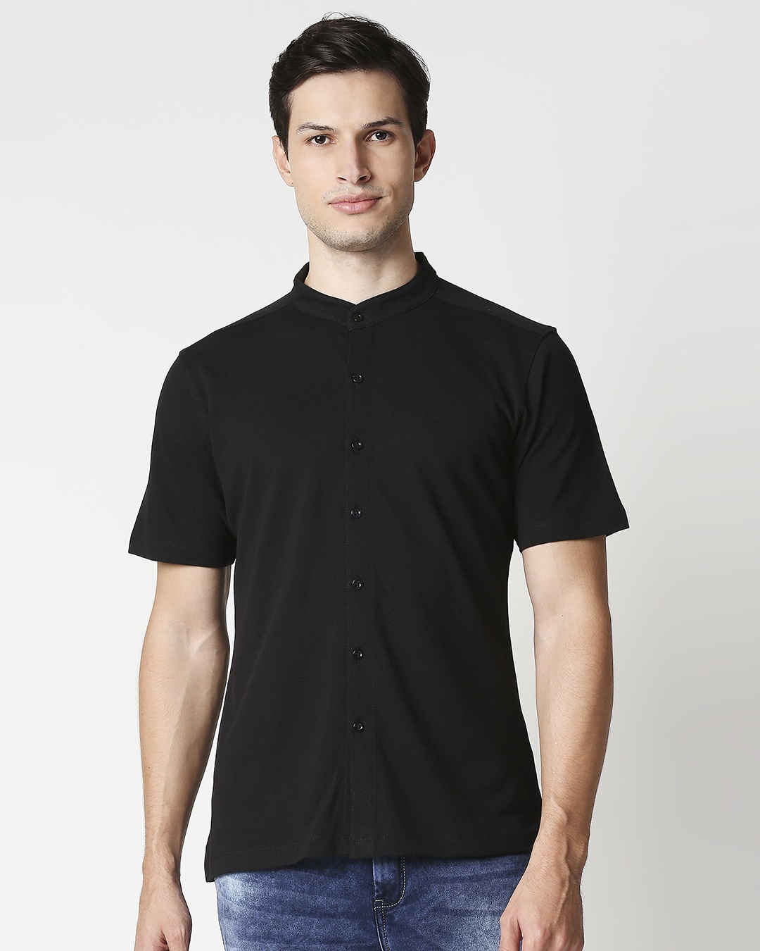 Shop Black Mandarin Collar Half Sleeve Shirt-Back