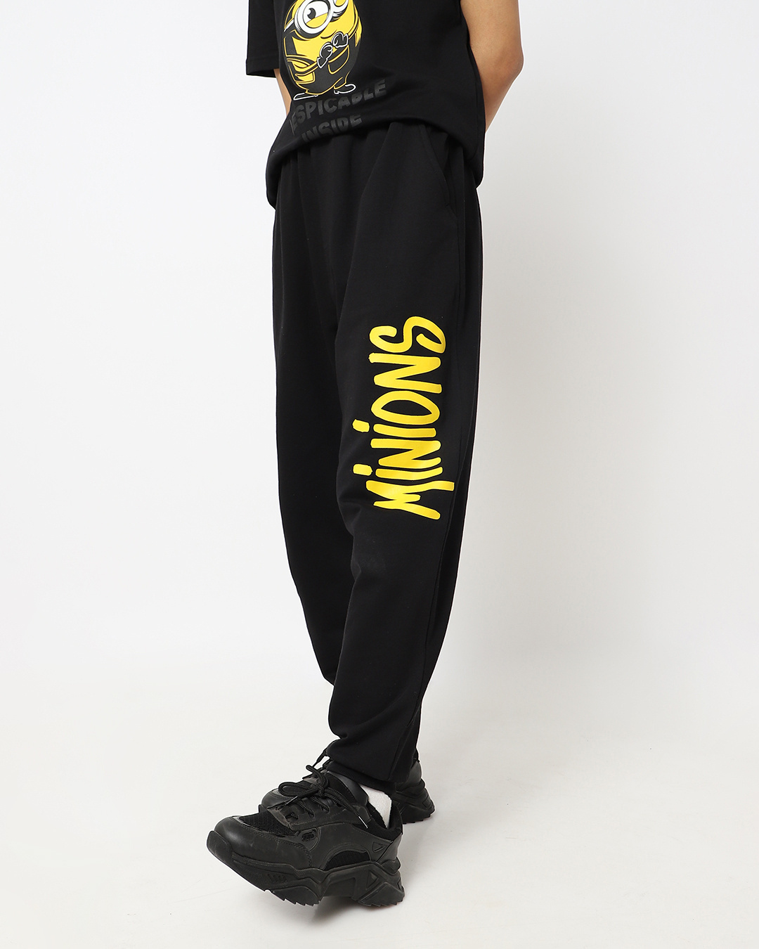 Shop Men's Black Minion Logo Typography Joggers-Back