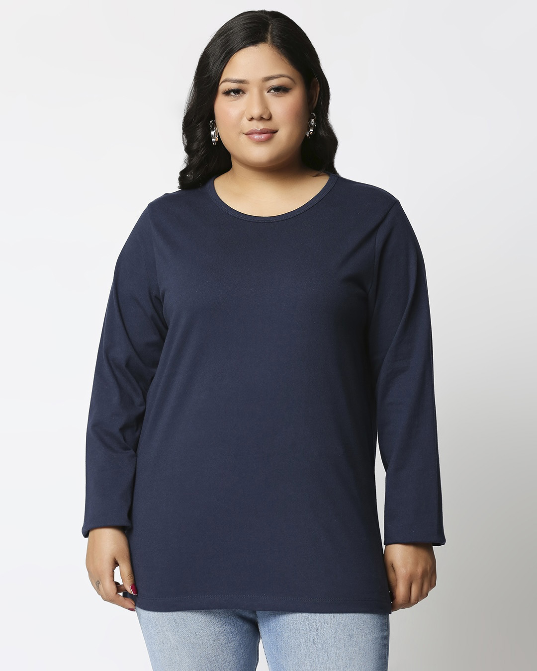 Shop Black-Navy Blue Full Sleeve Plus Size T-Shirt Combos-Back