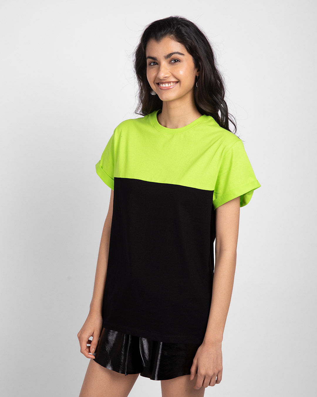 Shop Black-Neon Green 90's Vibe Boyfriend Panel T-Shirt-Back