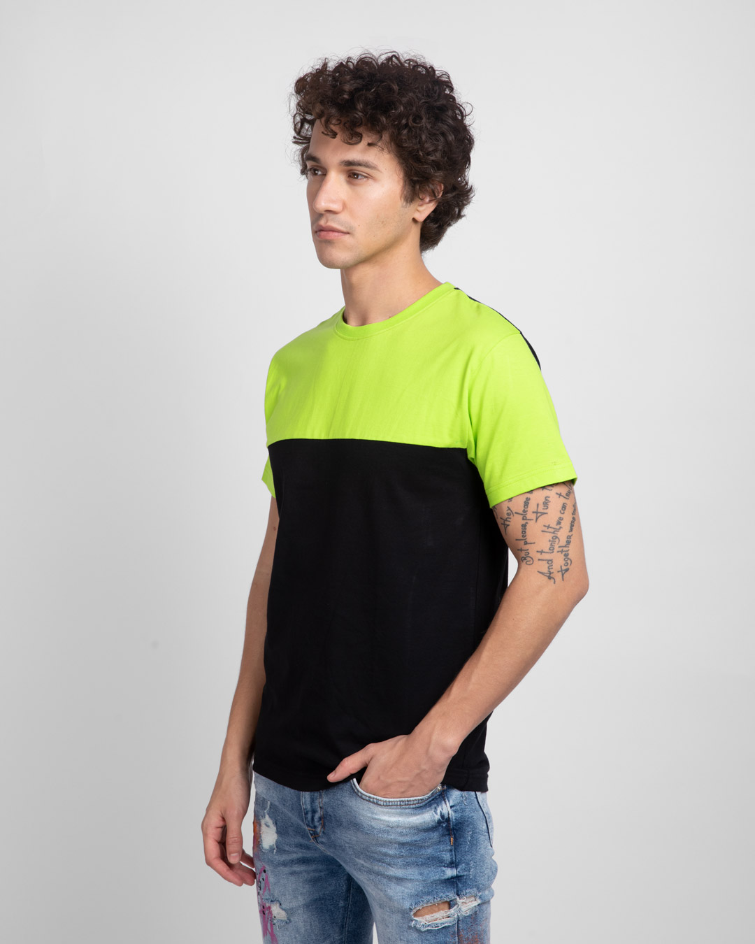 Shop Black & Neon Green 90's Vibe Panel T-Shirt-Back