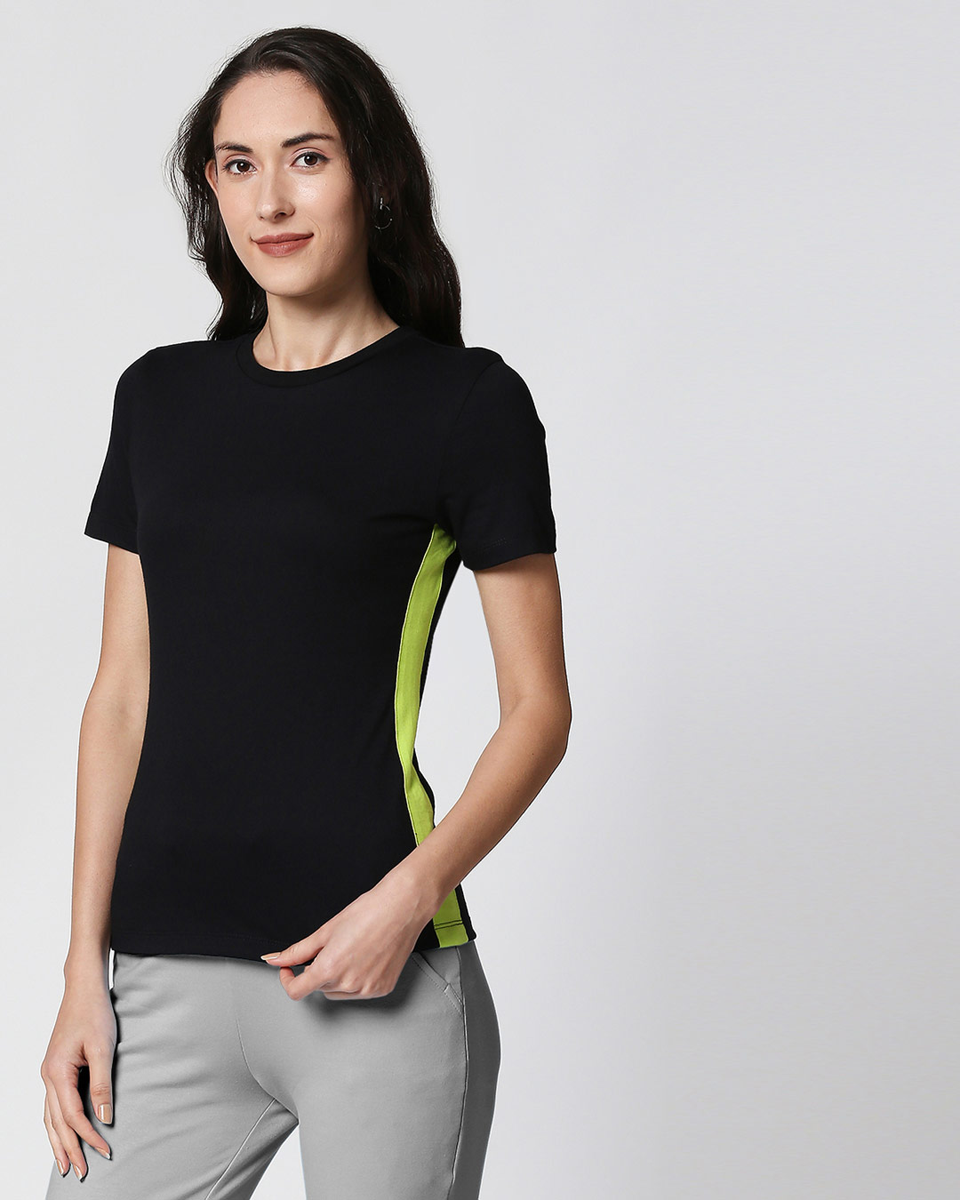 Shop Black-Neon Green Contrast Side Seam T-Shirt-Back