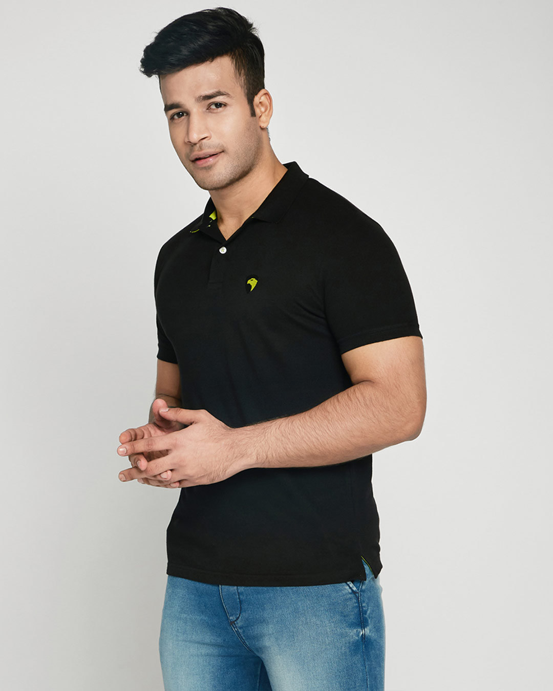 Shop Black-Neon Lime Contrast Collar Pique Polo T-Shirt-Back