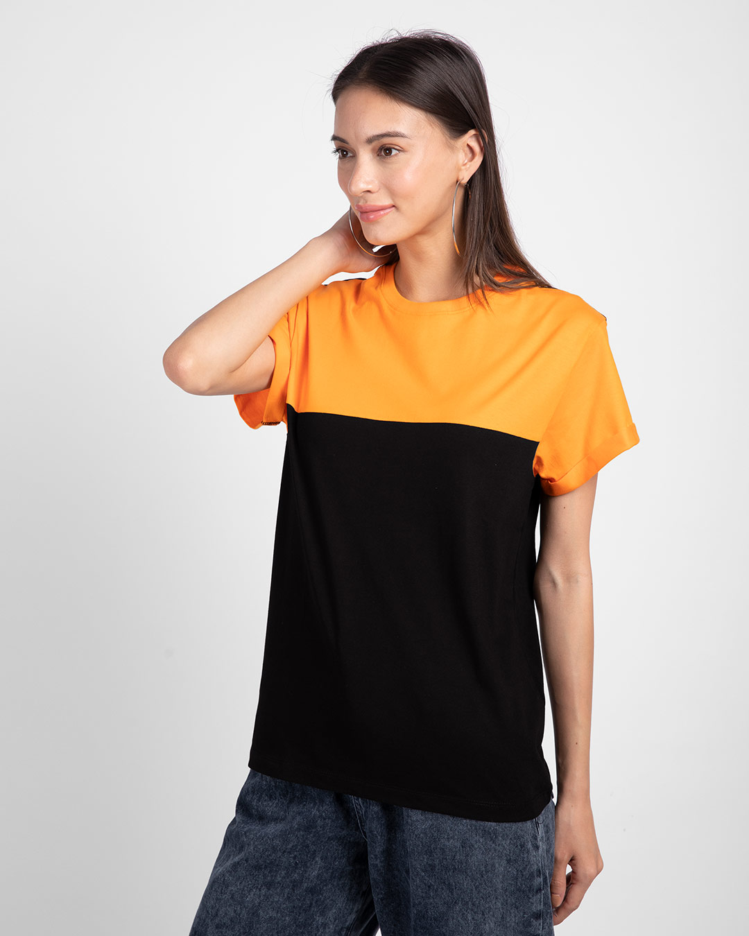Shop Black-Neon Orange 90's Vibe Boyfriend Panel T-Shirt-Back