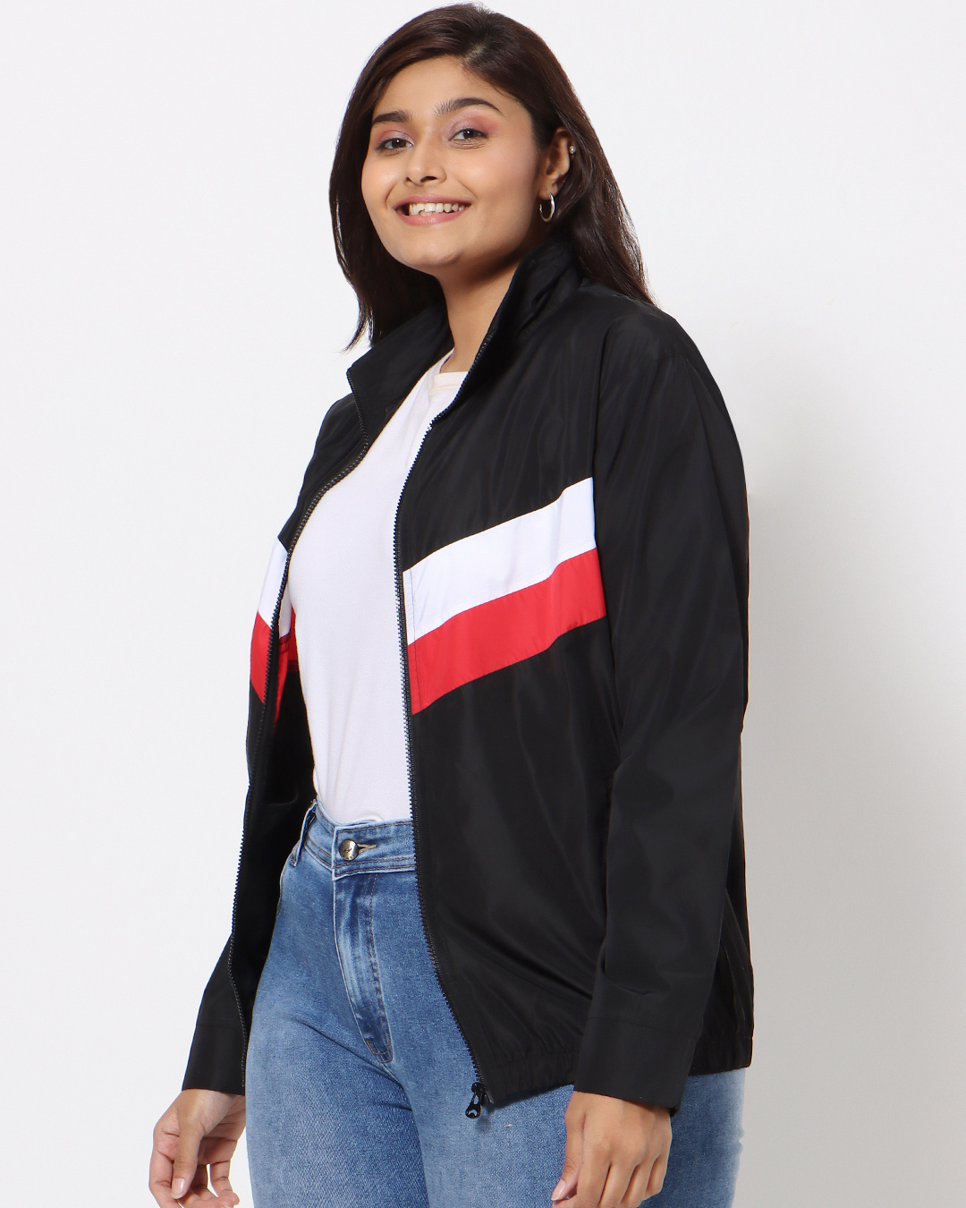 Shop Women's Black & White Color Block Plus Size Windcheater Jacket-Back