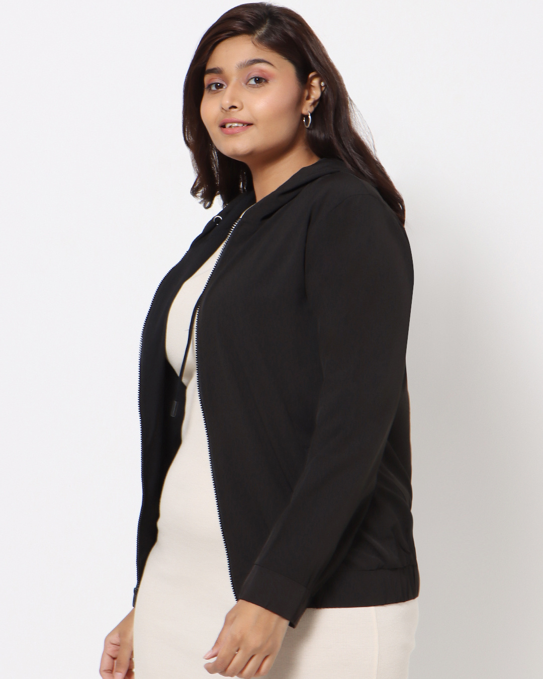 Shop Women's Black Plus Size Zipper Hoodie Jacket-Back
