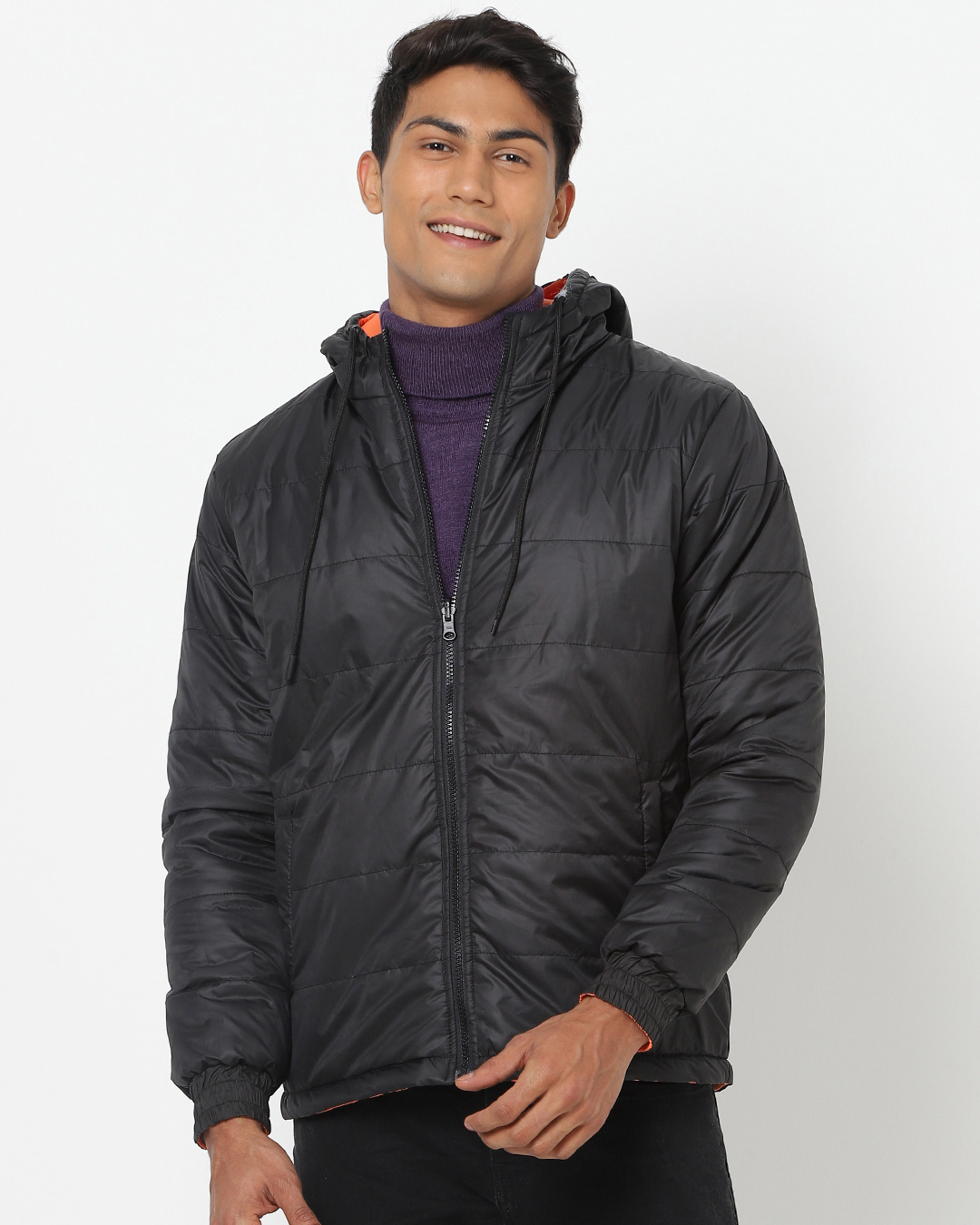 Buy Men's Black & Orange Reversible Puffer Jacket Online at Bewakoof