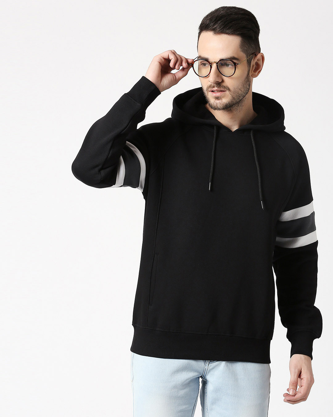 

Black Sports Trim Hoodie Sweatshirt Men' Plain Sleeve Panel Sweatshirt Hoodie Bewakoof.com, Black-white-grey