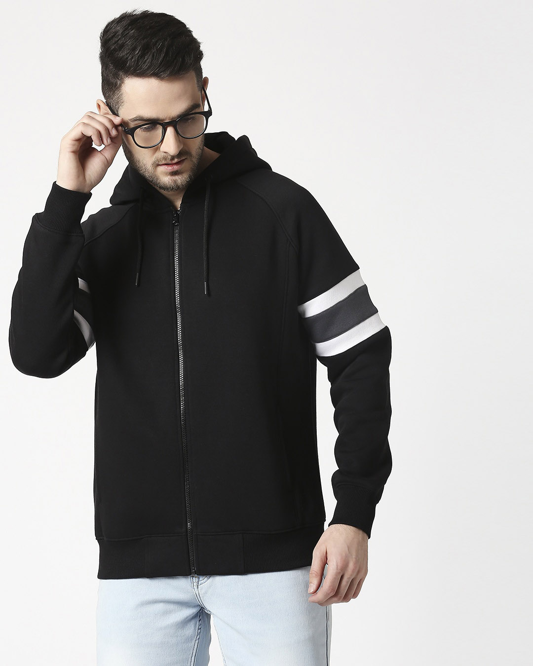 

Black Sports Trim Zipper Hoodie Men' Plain Zipper Sleeve Panel Sweatshirt Hoodie Bewakoof.com, Black-white-grey