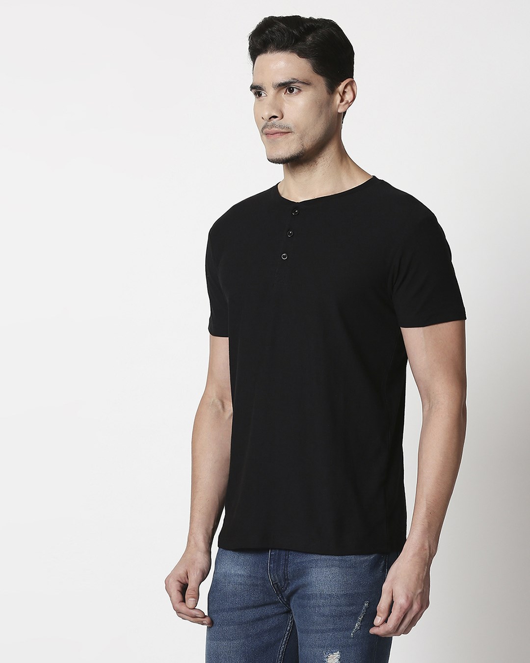 Shop Black Slub Half Sleeve Henley T-Shirt-Back