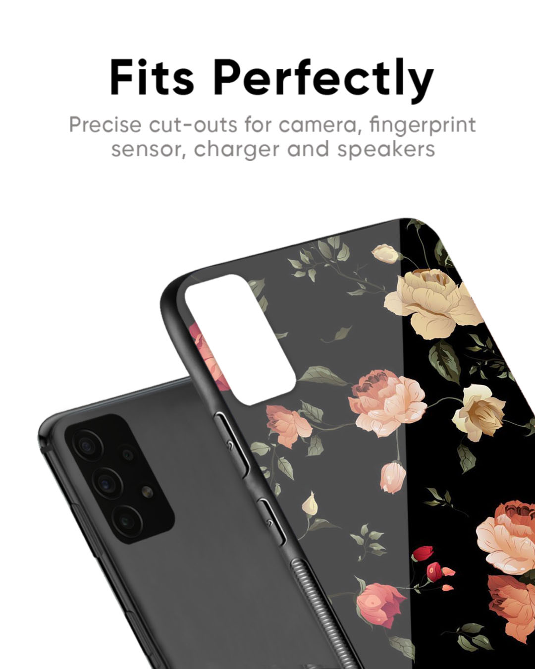 Shop Black Spring Floral Premium Glass Case for Samsung Galaxy M14 5G (Shock Proof, Scratch Resistant)-Back