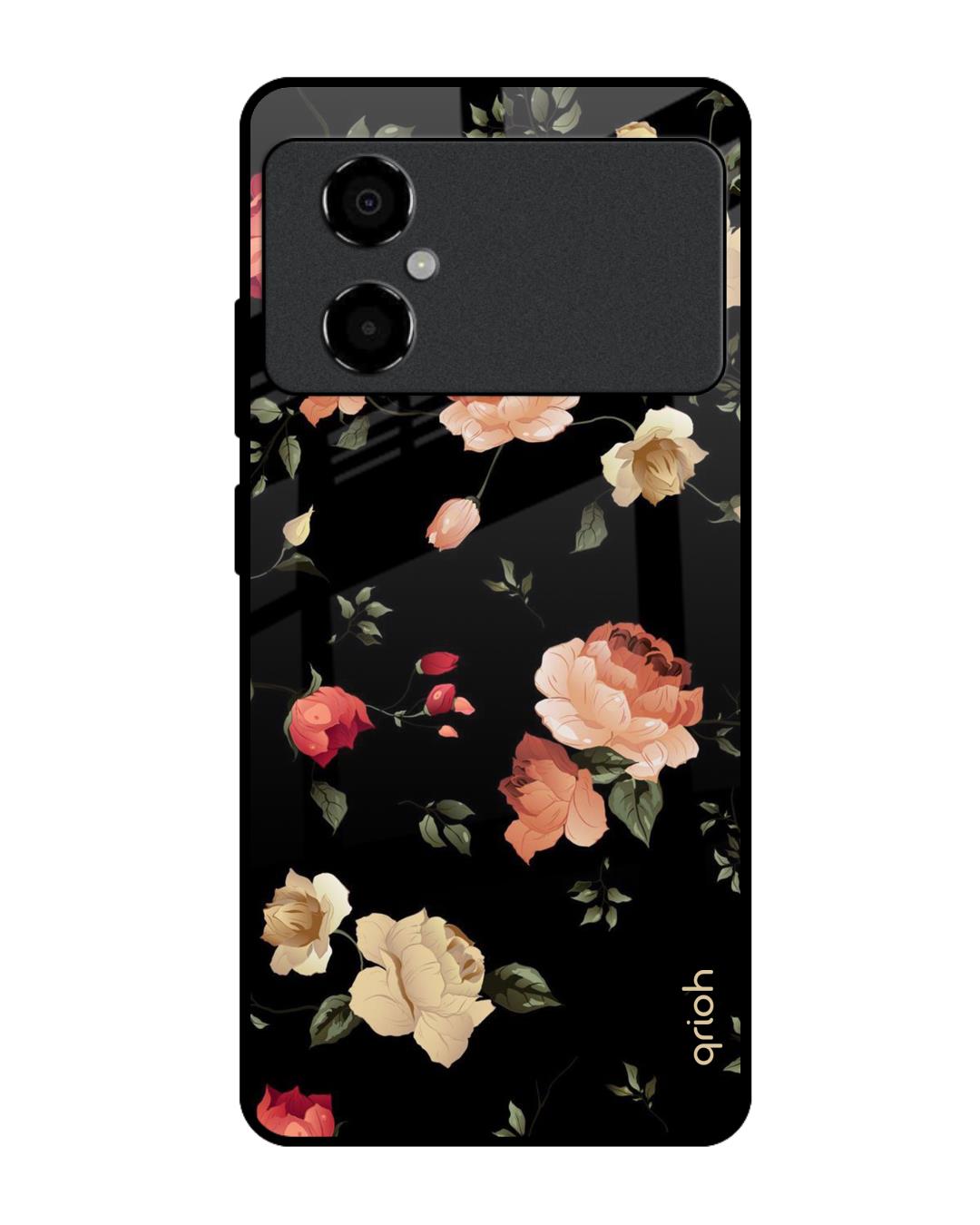 Shop Black Spring Floral Printed Premium Glass Case for Poco M4 5G (Shock Proof,Scratch Resistant)-Front