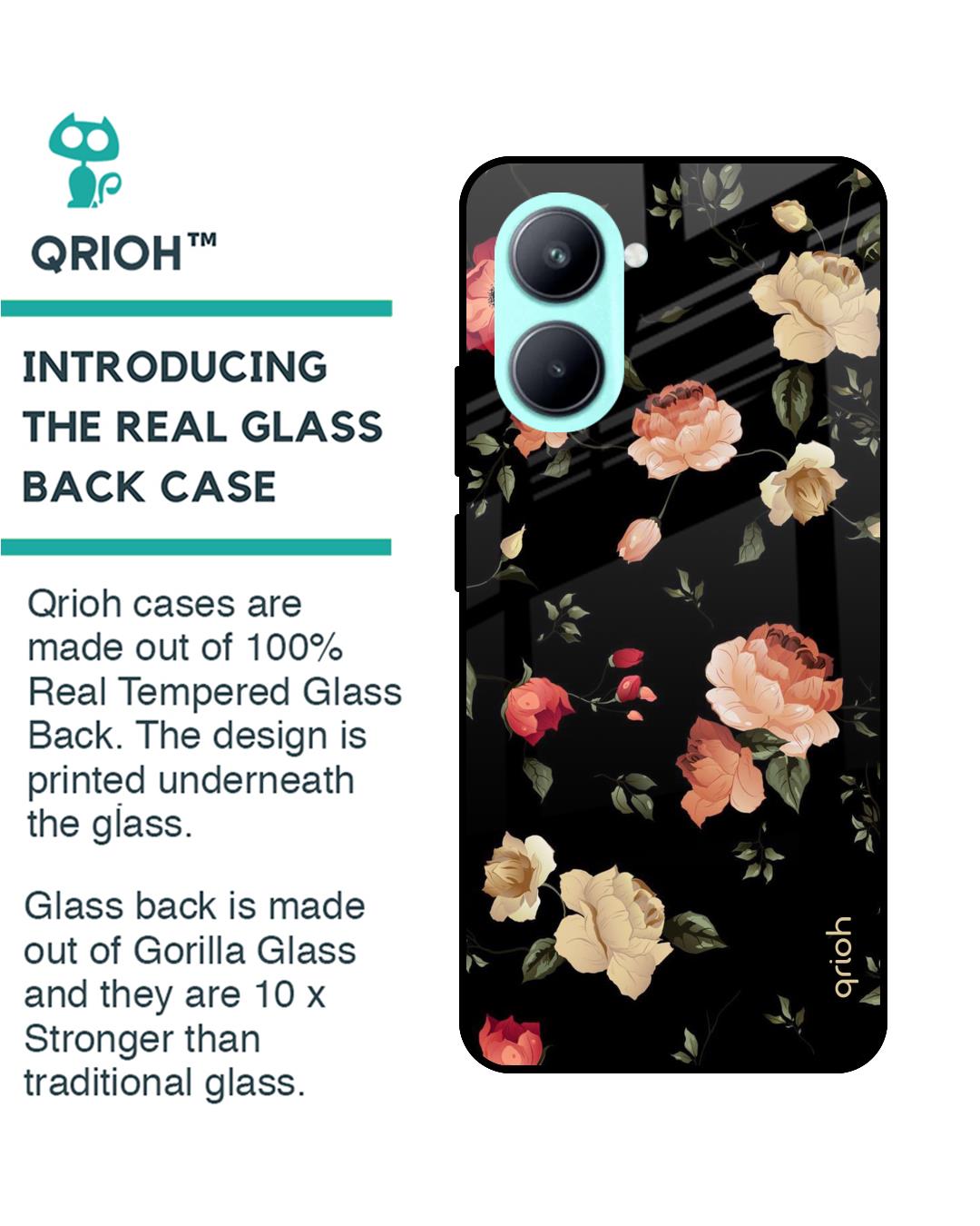 Shop Black Spring Floral Printed Premium Glass Case for Realme C33 (Shock Proof,Scratch Resistant)-Back