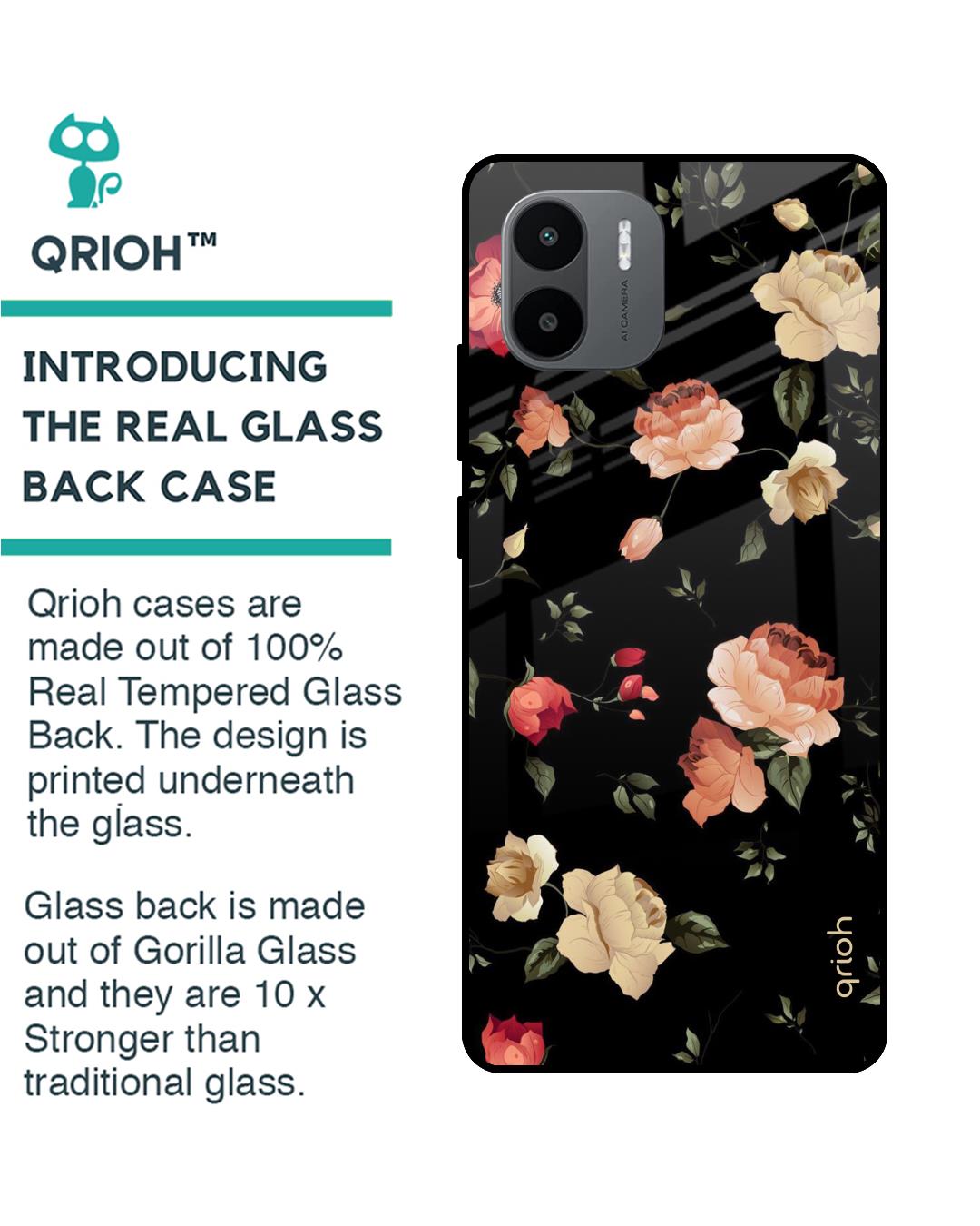 Shop Black Spring Floral Printed Premium Glass Case for Redmi A1plus (Shock Proof,Scratch Resistant)-Back
