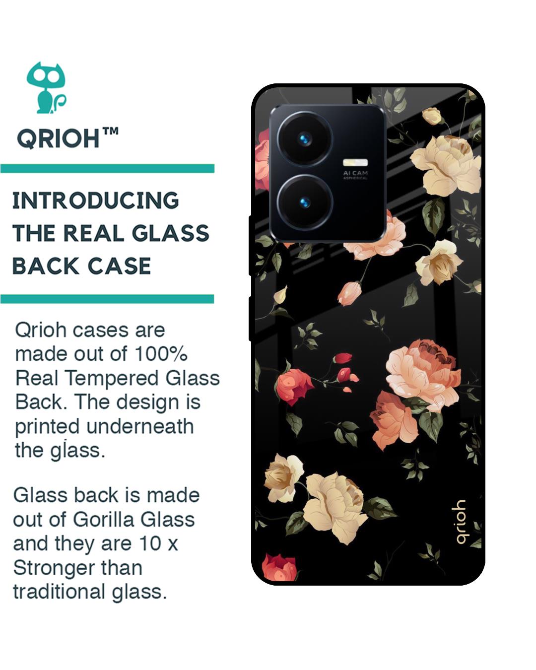 Shop Black Spring Floral Printed Premium Glass Case for Vivo Y22 (Shock Proof,Scratch Resistant)-Back