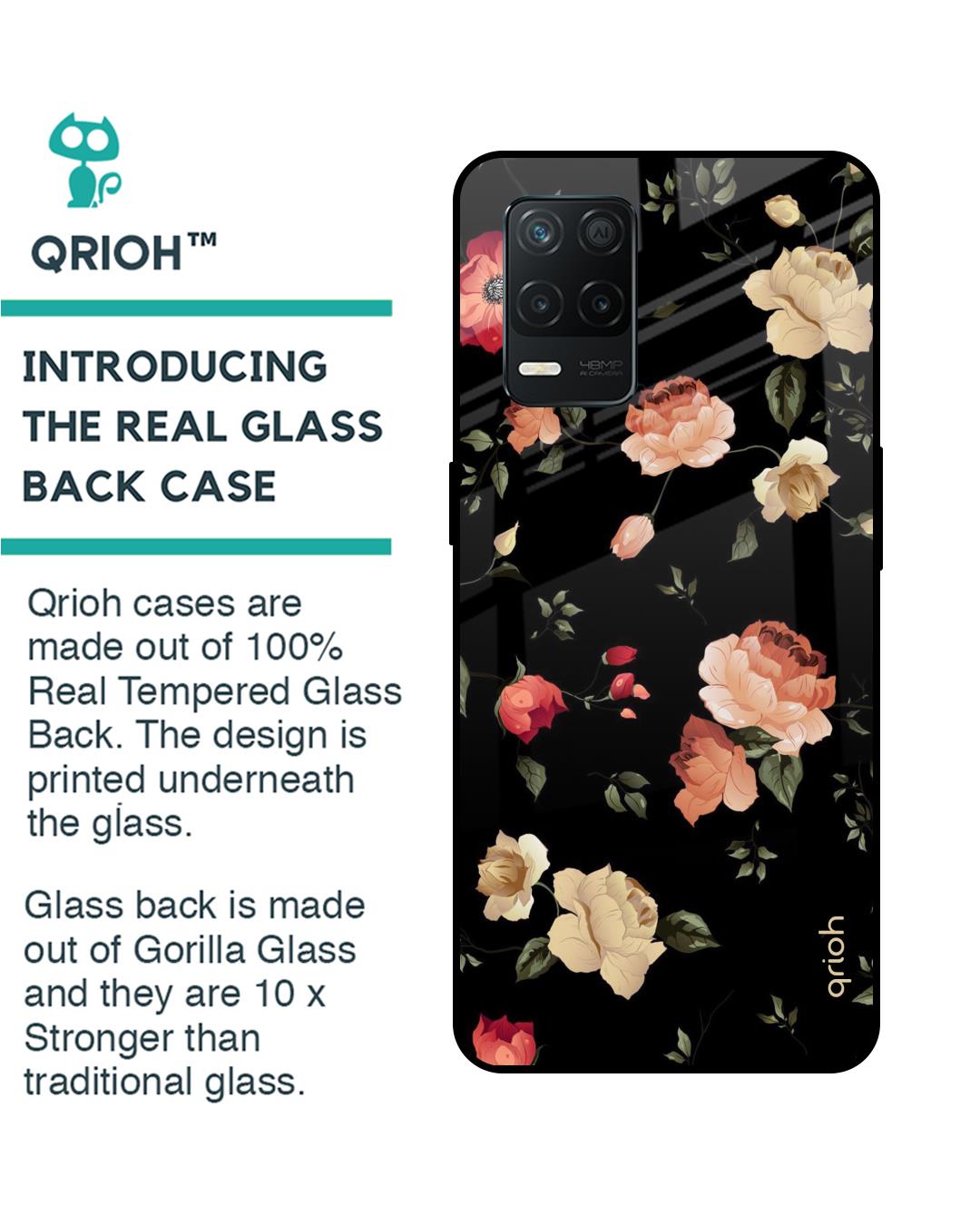 Shop Black Spring Floral Printed Premium Glass Cover for Realme 8 5G (Shock Proof, Scratch Resistant)-Back