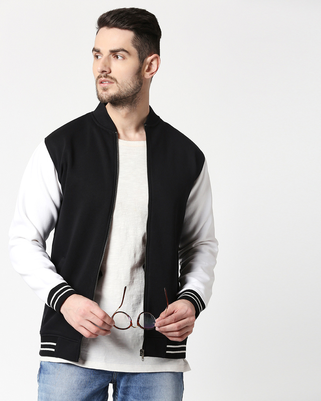 black varsity bomber jacket