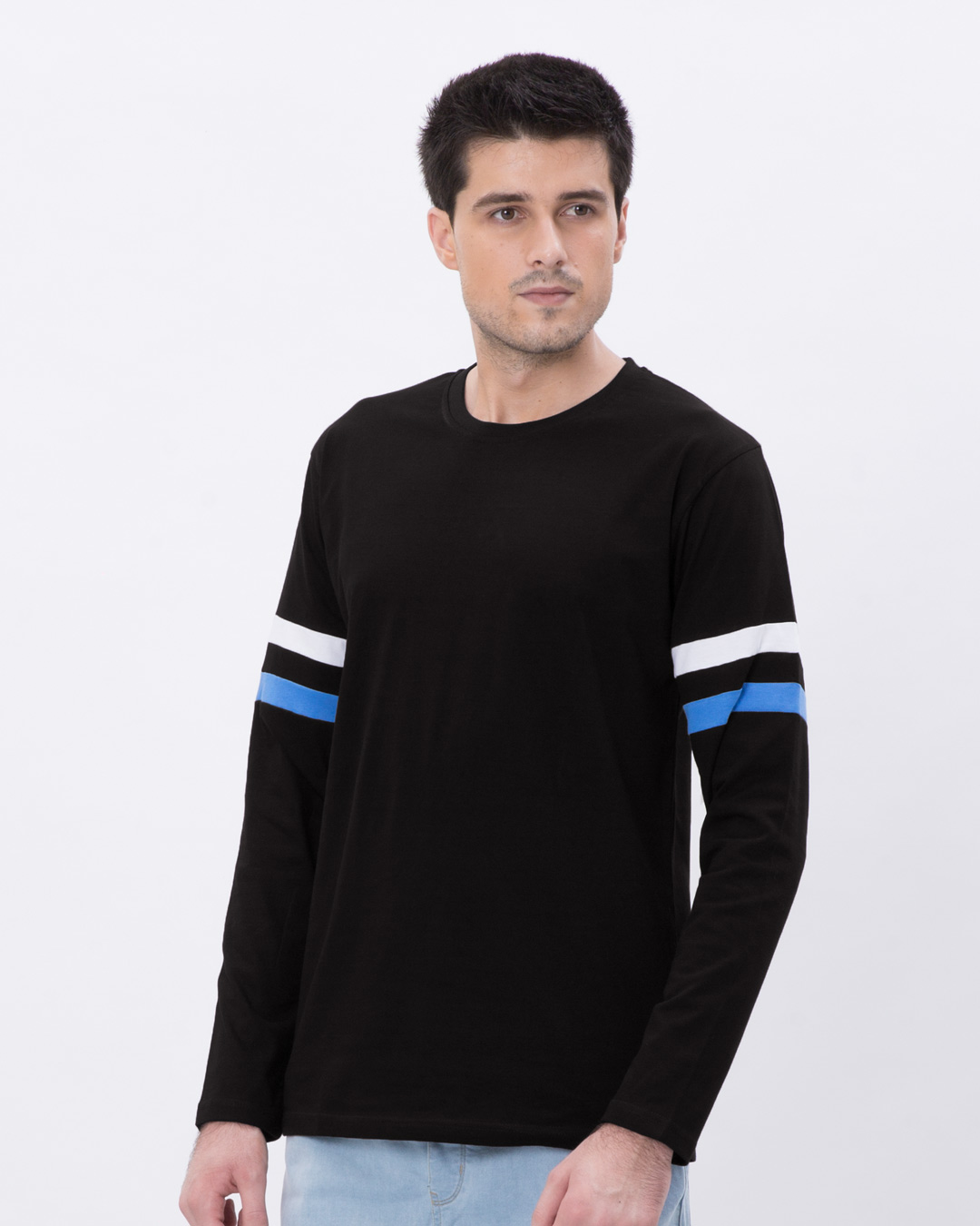 Buy Black-White-Capri Blue Sports Trim Full Sleeve T-Shirt for Men ...