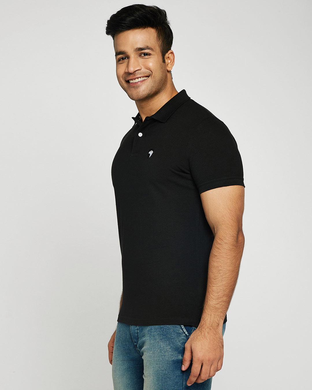 Shop Black-White Contrast Collar Pique Polo T-Shirt-Back