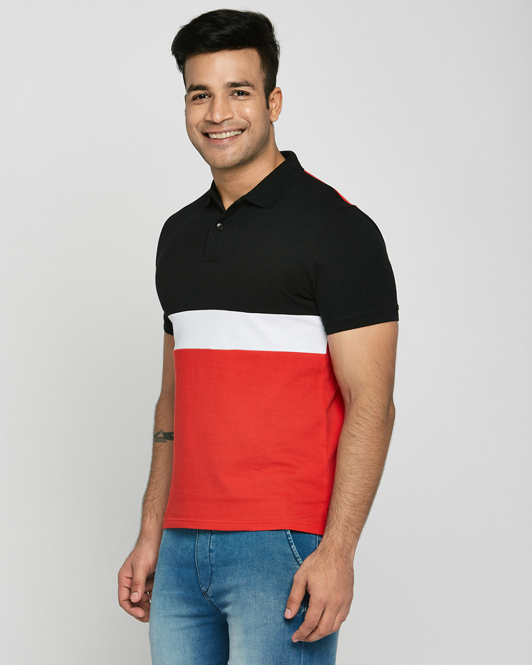 Shop Black-White-Imperial Red Triple Block Polo T-Shirt-Back