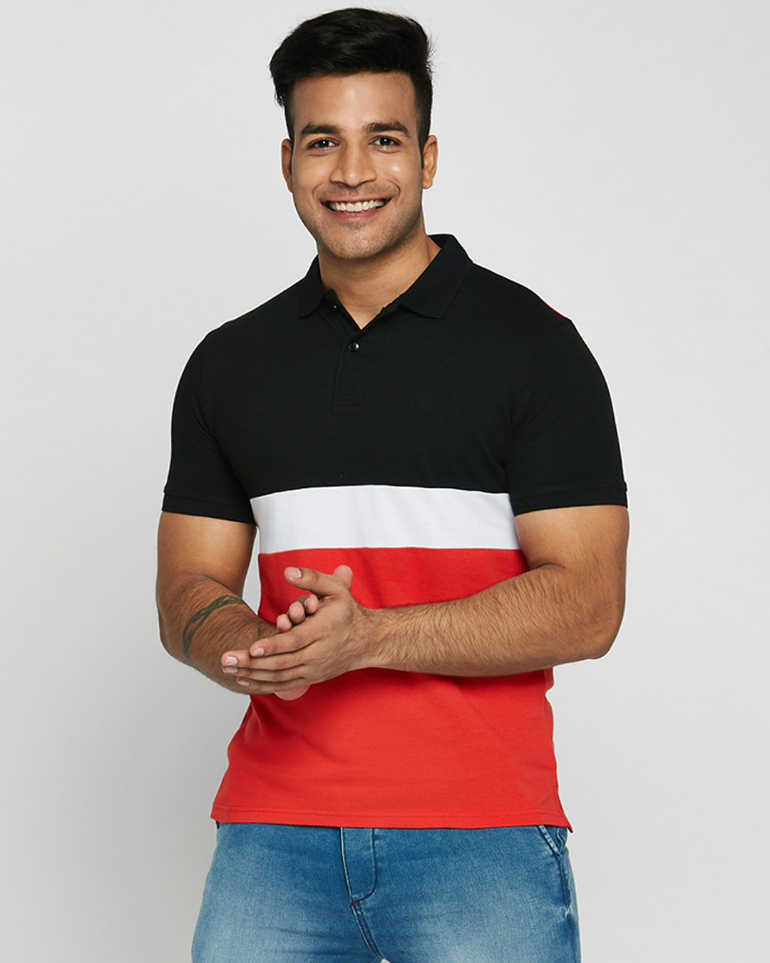 

Black-White-Imperial Red Triple Block Polo T-Shirt Men' Plain Triple Block Polo Bewakoof.com, Black-white-red