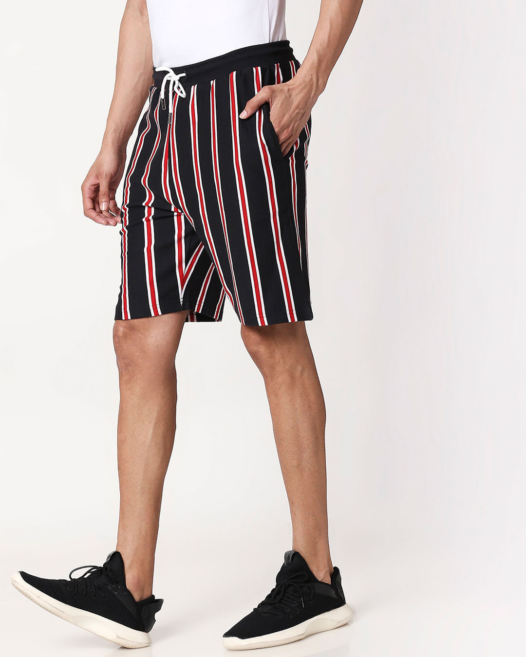 Shop Black-White-Imperial Red Vertical Stripe Shorts-Back