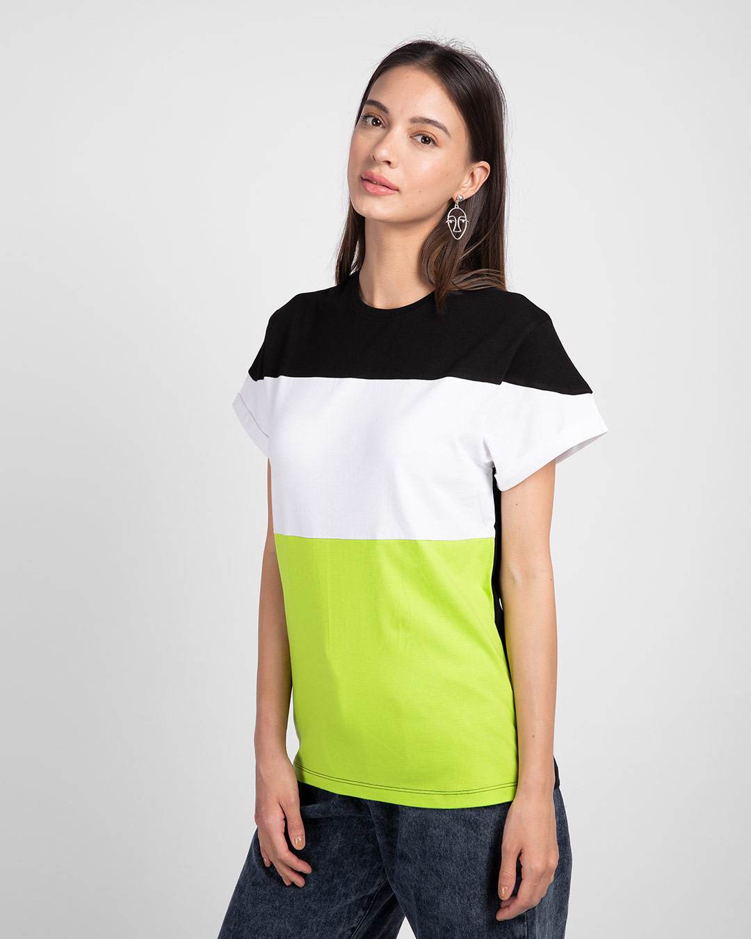 Shop Black-White-Neon Green 90's Vibe Boyfriend Panel T-Shirt-Back