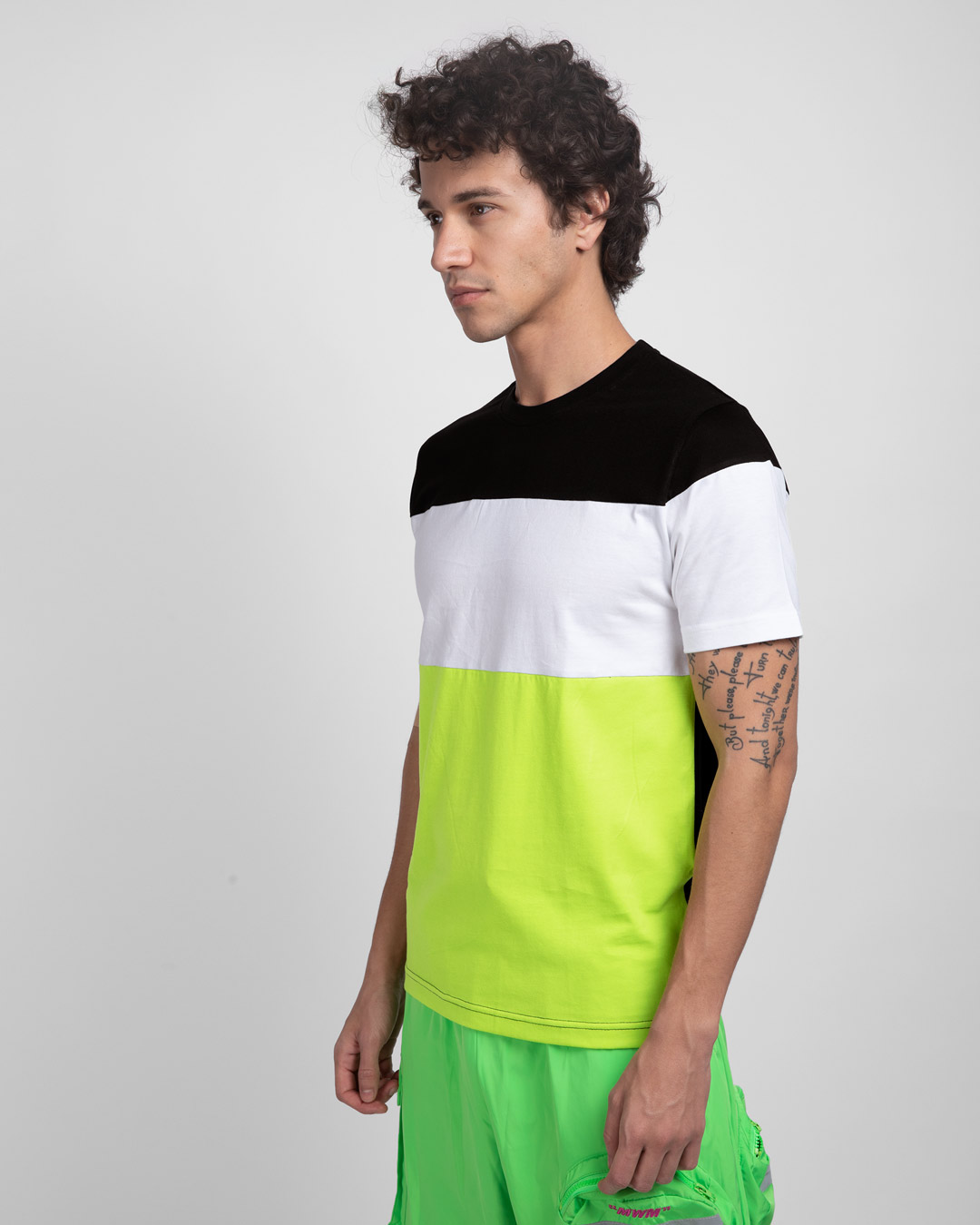 Shop Black White & Neon Green 90's Vibe Panel T-Shirt-Back