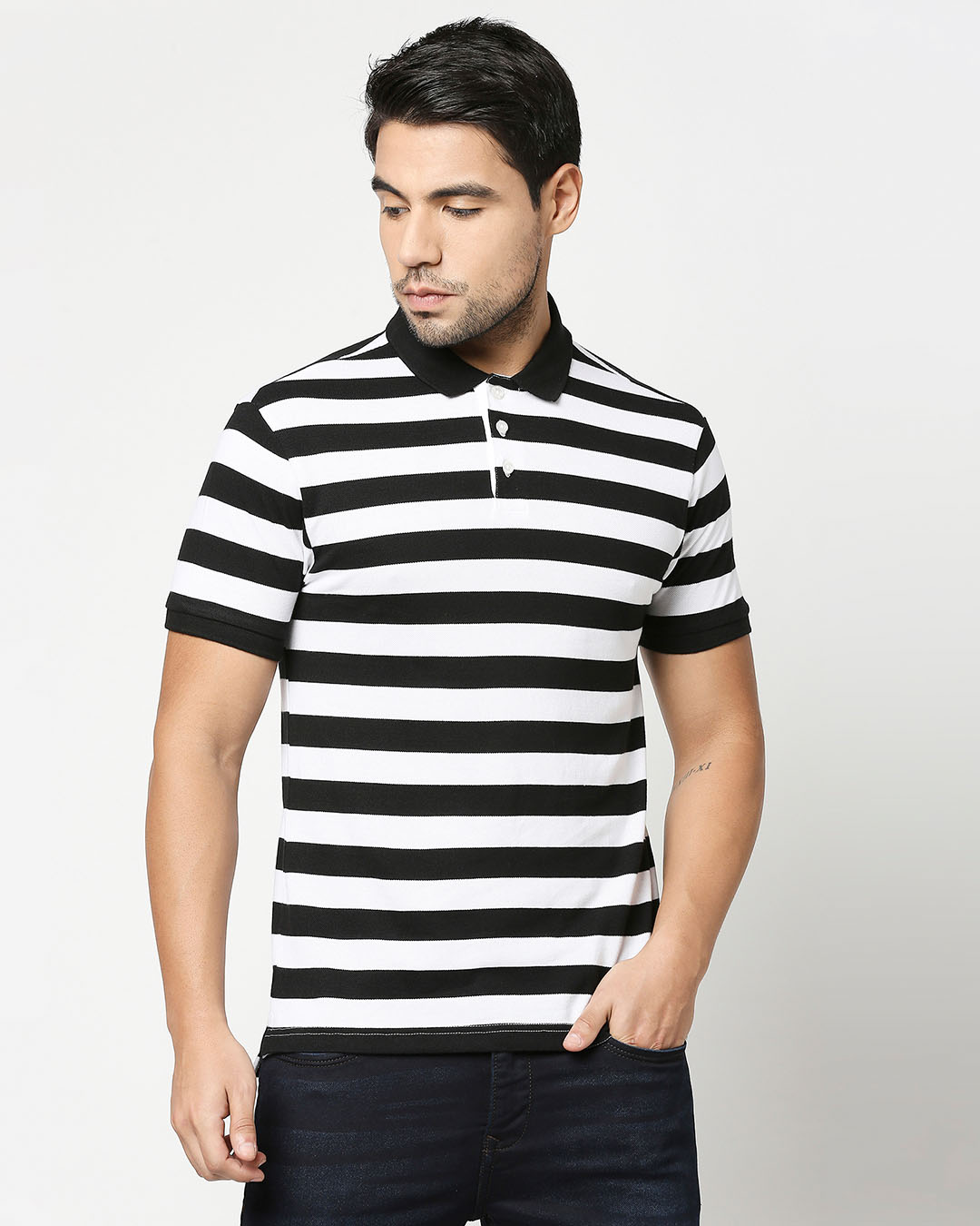 Shop Black & WhiteHalf Sleeve Stripes Polo-Back