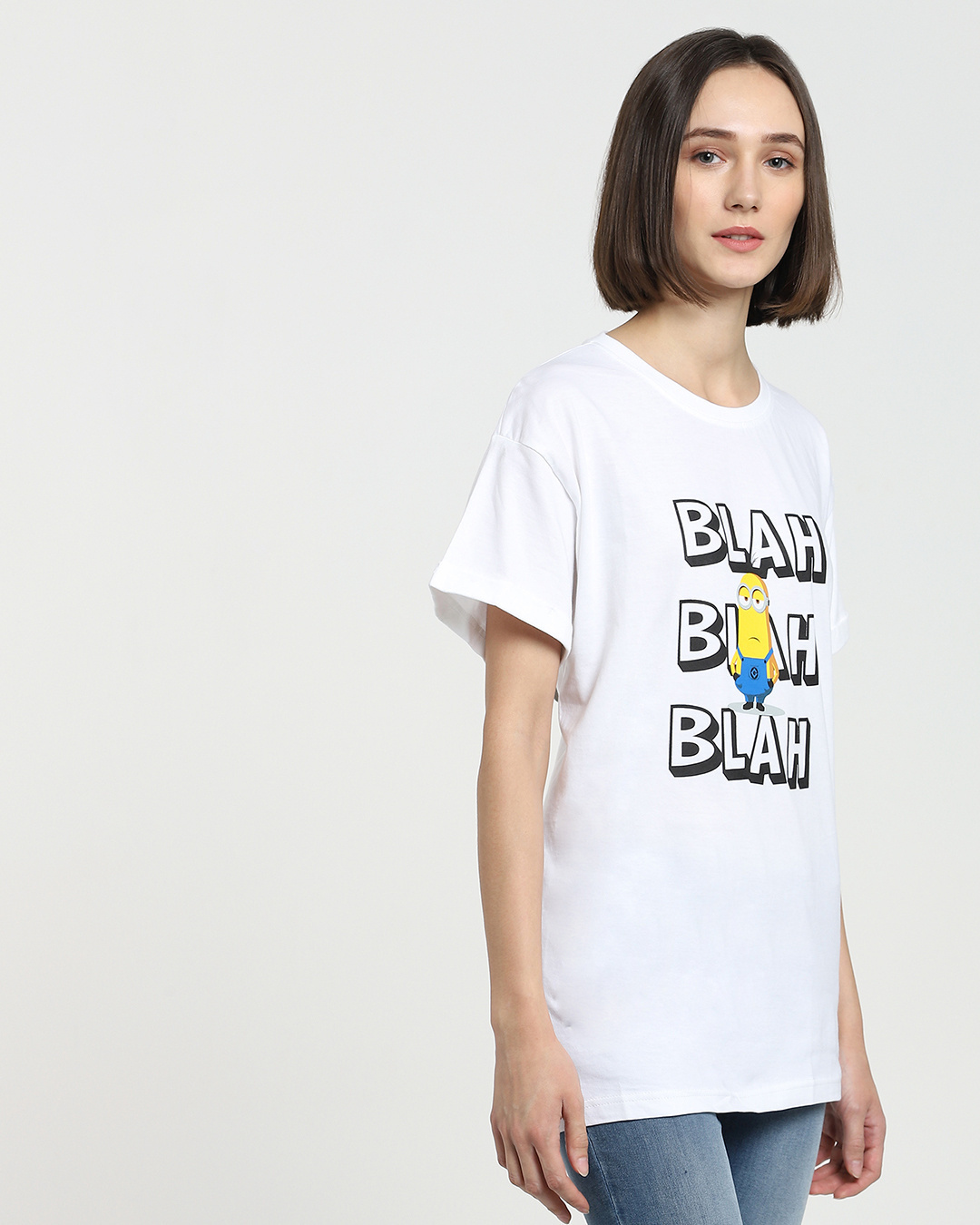 Shop Women's White Blah Minion Graphic Printed Boyfriend T-shirt-Back