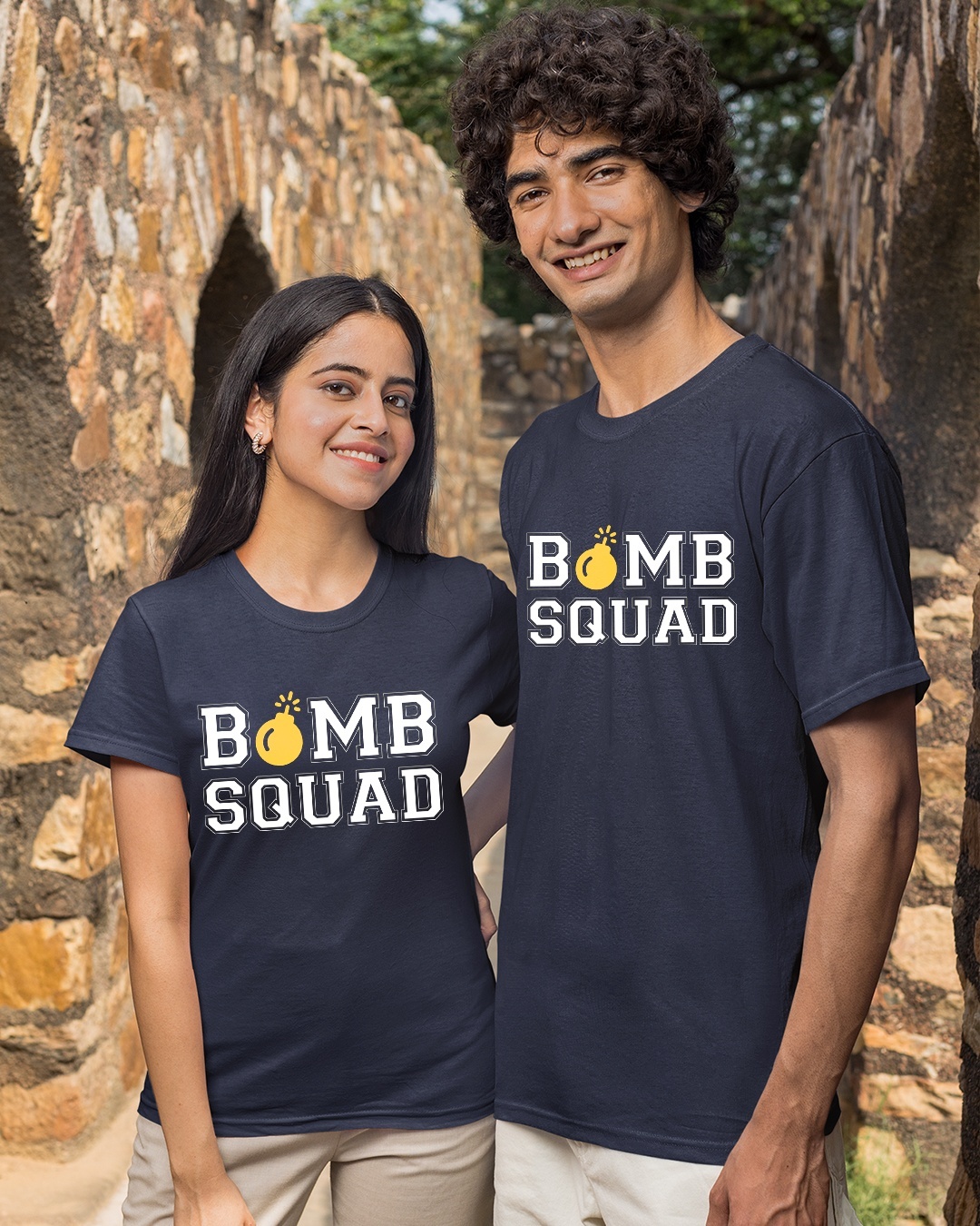 Shop Pack of 2 Unisex Blue Bomb Squad Typography Couple T-shirt-Back